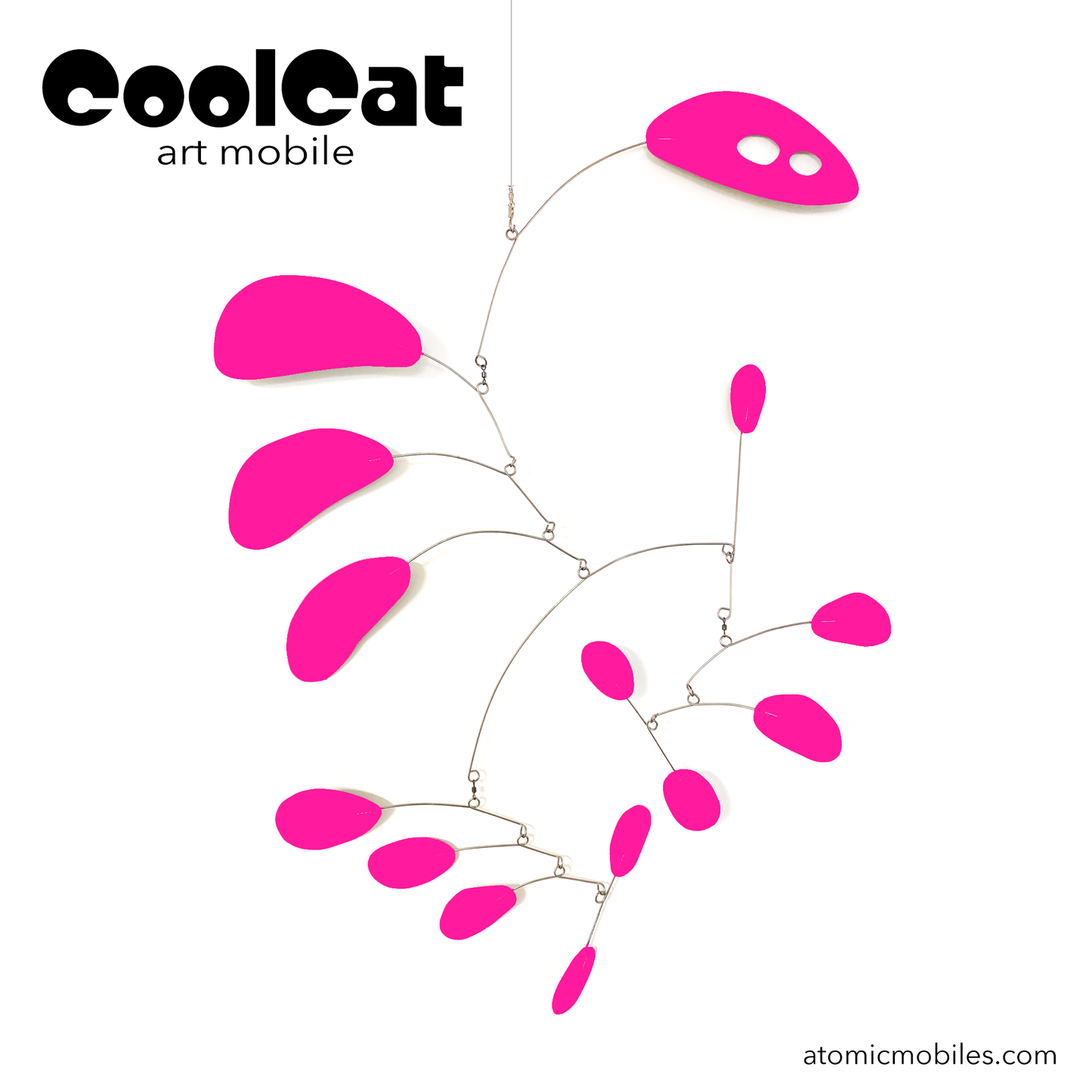 CoolCat kinetic art mobile in Intense Hot Barbie Dream House Pink - hanging art mobile in MOD mid century modern style for your Barbiecore home decor by AtomicMobiles.come home decor by AtomicMobiles.com