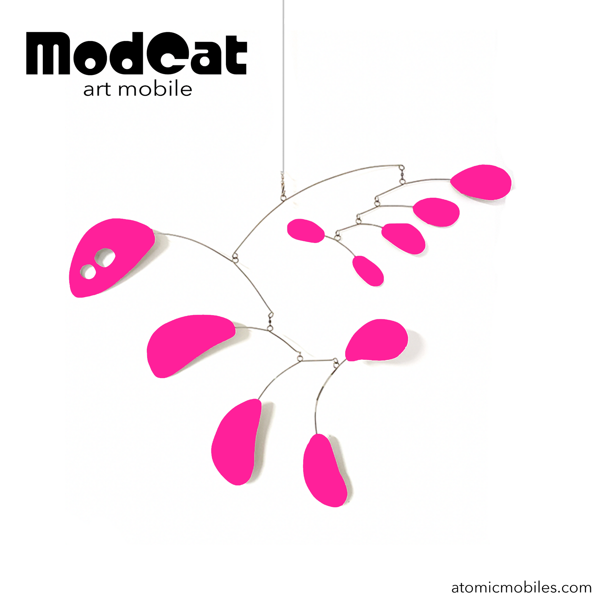 ModCat kinetic art mobile in Intense Hot Barbie Dream House Pink - hanging art mobile in MOD mid century modern style for your Barbiecore home decor by AtomicMobiles.com