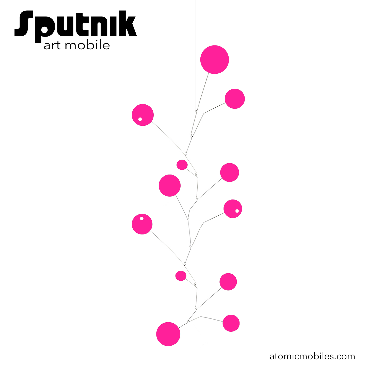 Sputnik kinetic art mobile in Intense Hot Barbie Dream House Pink - hanging art mobile in MOD mid century modern style for your Barbiecore home decor by AtomicMobiles.com