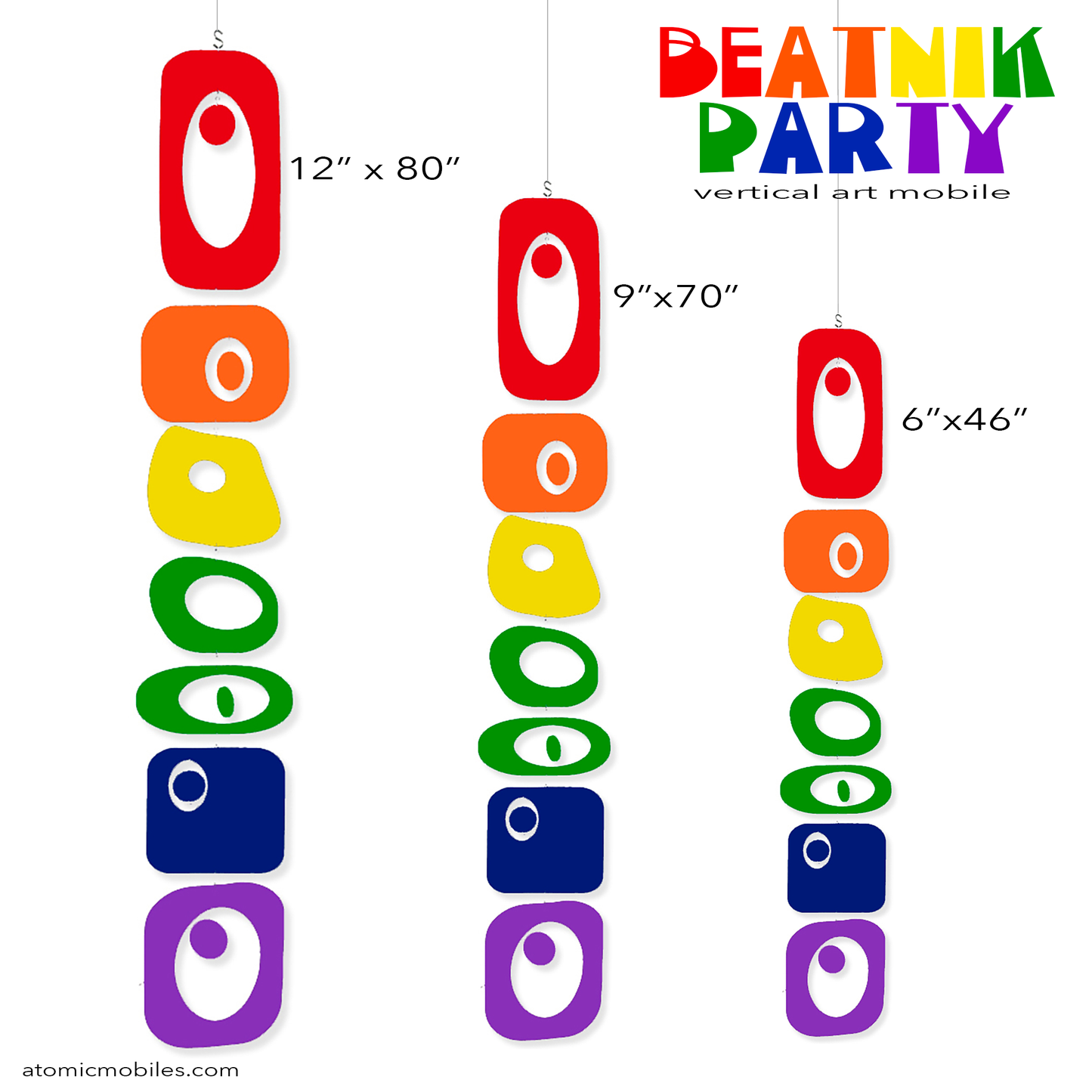 SIZE CHART for Beatnik Party Vertical Hanging Art Mobiles in LGBTQ+ Rainbow Pride Colors in 3 Sizes by AtomicMobiles.com