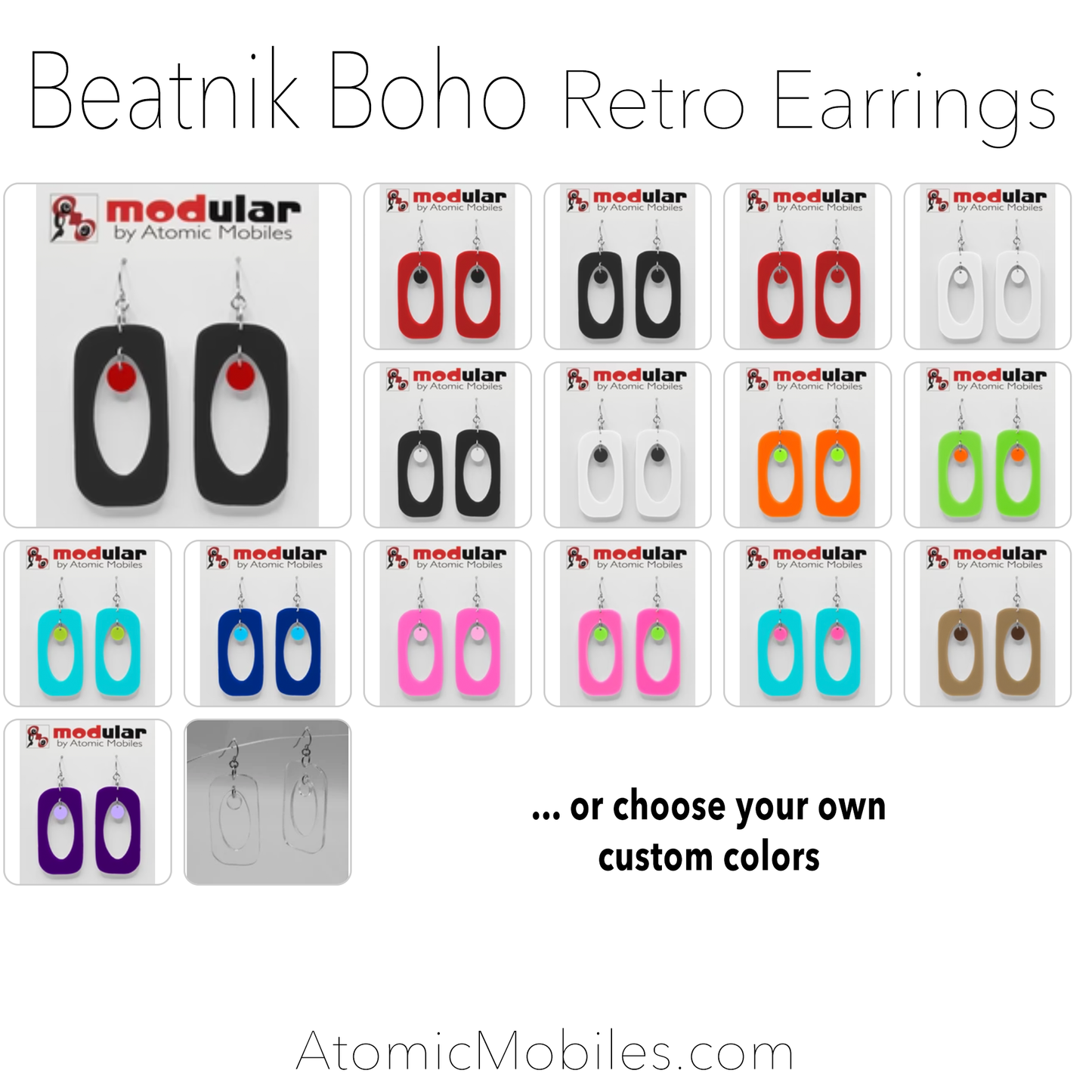 Designer color choices for BEATNIK BOHO retro mid century modern inspired earrings by AtomicMobiles.com