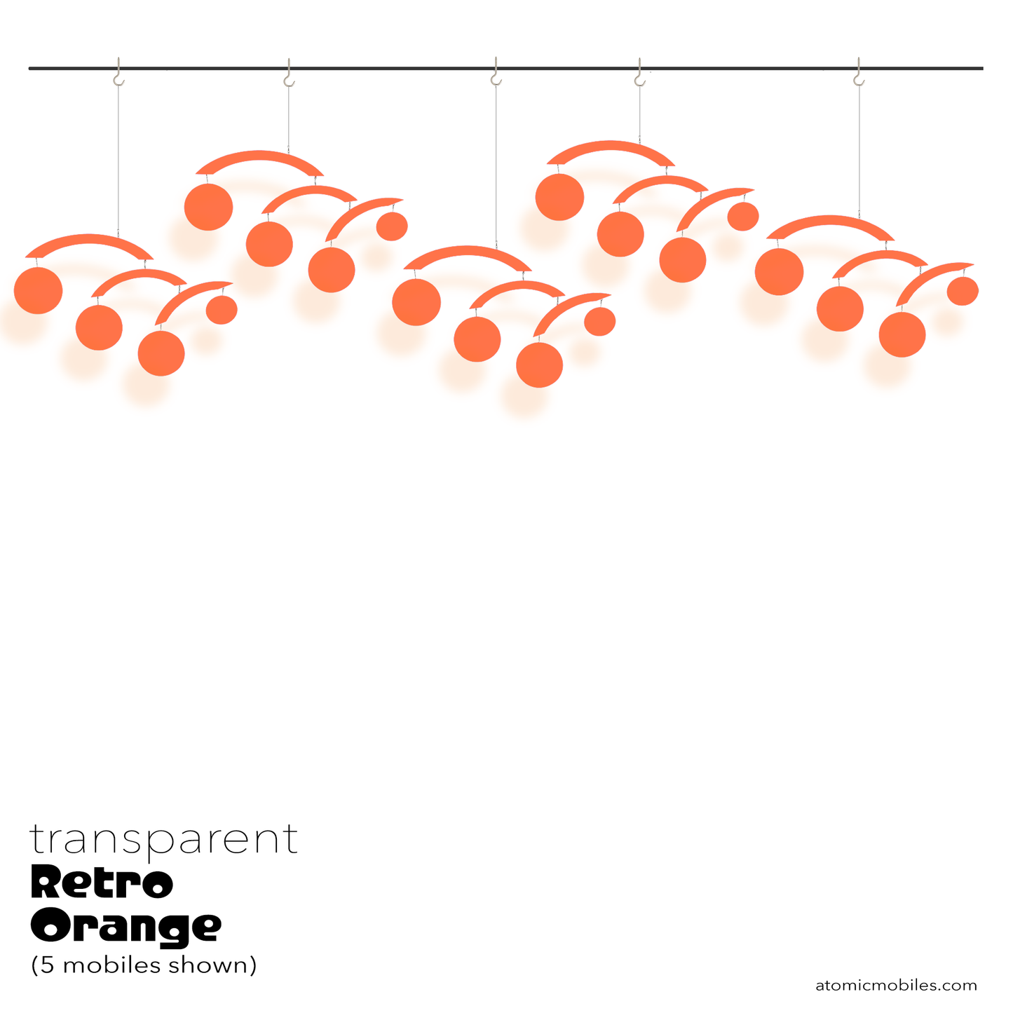 5 transparent clear retro orange acrylic Jetsetter hanging art mobiles by AtomicMobiles.com