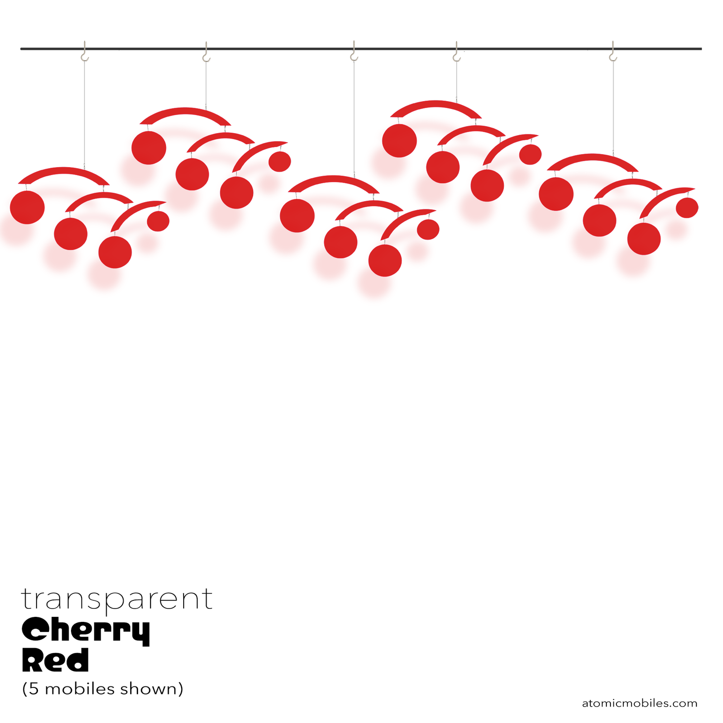 5 transparent clear cherry red acrylic Jetsetter hanging art mobiles by AtomicMobiles.com