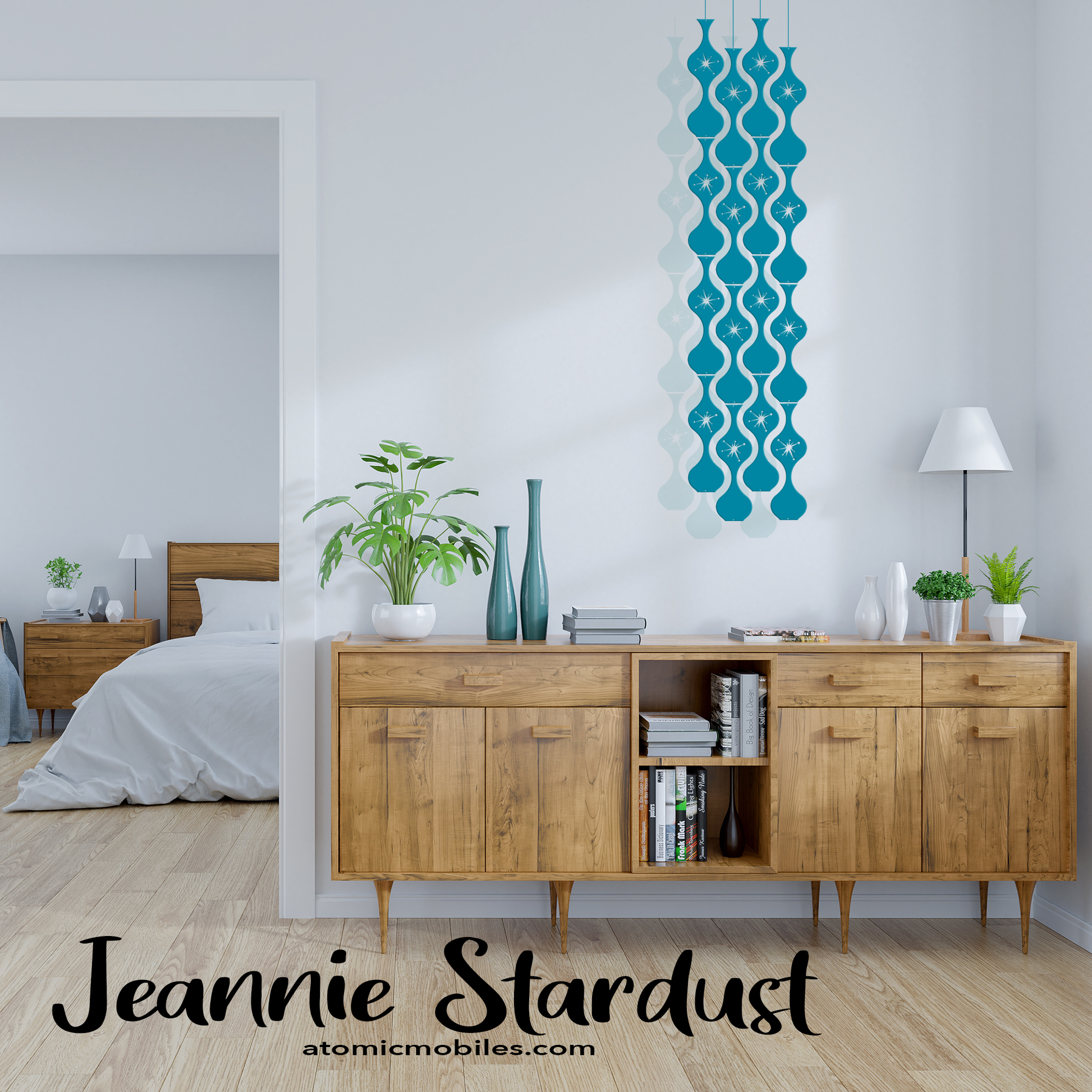 Beautiful Jeannie Stardust kinetic hanging art mobile in transparent Teal in contemporary room with credenze and bedroom in background - mid century modern style art mobiles by AtomicMobiles.com