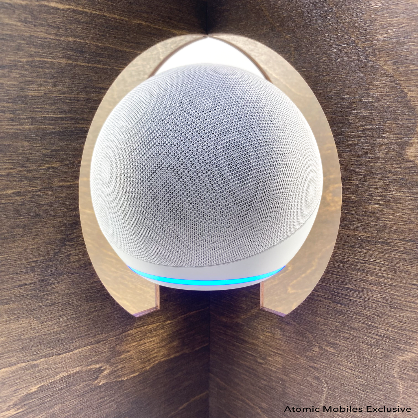 closeup of front view of beautiful dark brown wood Amazon Echo Stand for 4th and 5th Generation Echo devices by AtomicMobiles.com