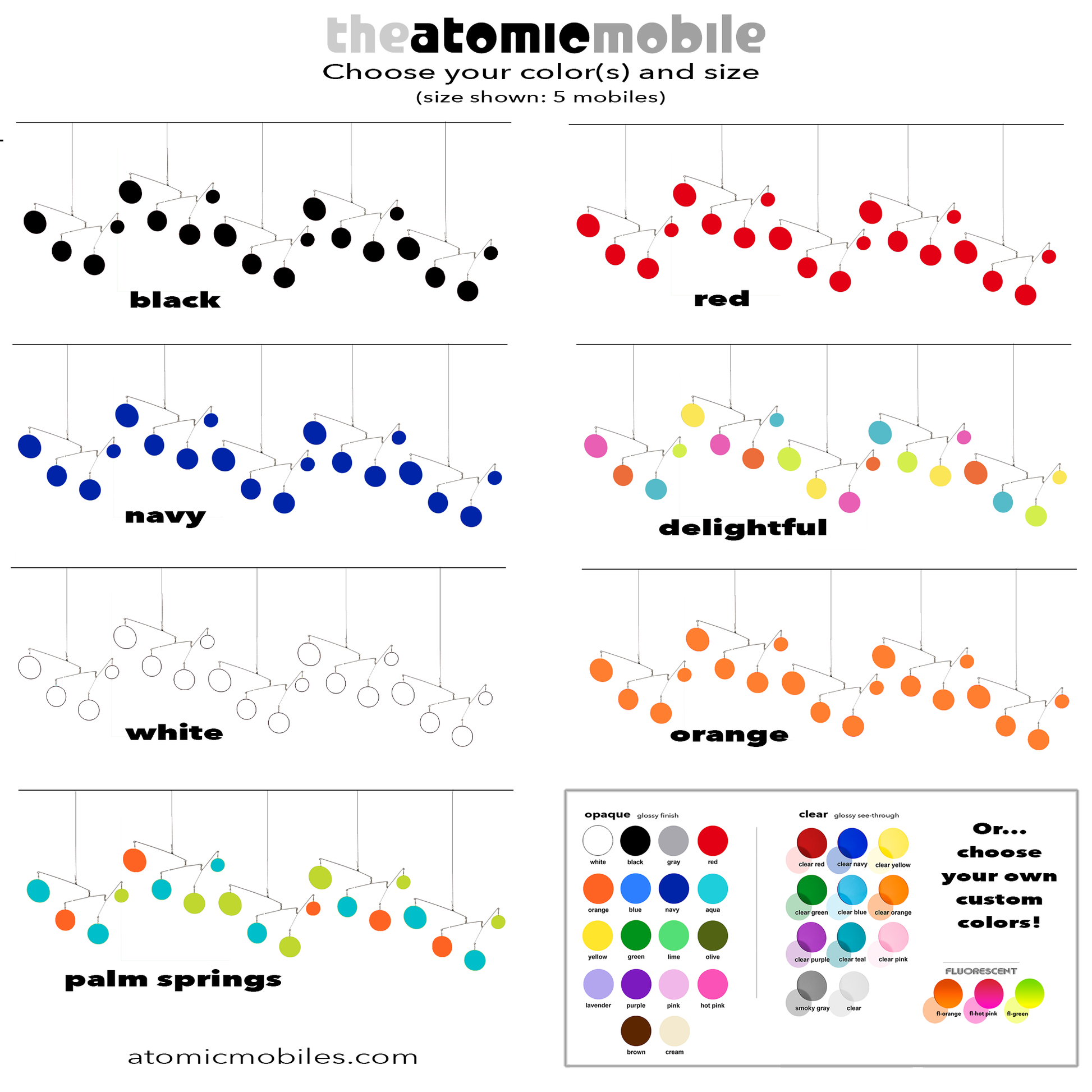 Color Chart of 7 colorways for The Atomic Mobile kinetic hanging art DIY mobile by AtomicMobiles.com in black, red, navy, delightful (lime green, hot pinnk, yellow, and aqua), white, orange, palm springs (orange, aqua, lime), and custom colors.