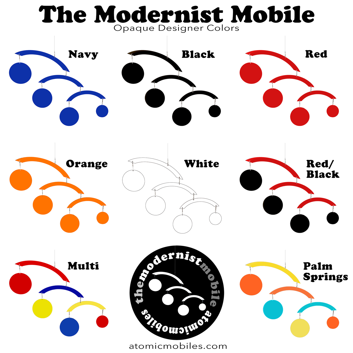 The Modernist Mobile Opaque Designer Colors in Navy, Black, Red, Orange, White, Red/Black, Multi Red Blue Yellow, and Palm Springs - kinetic hanging mobiles by AtomicMobiles.com