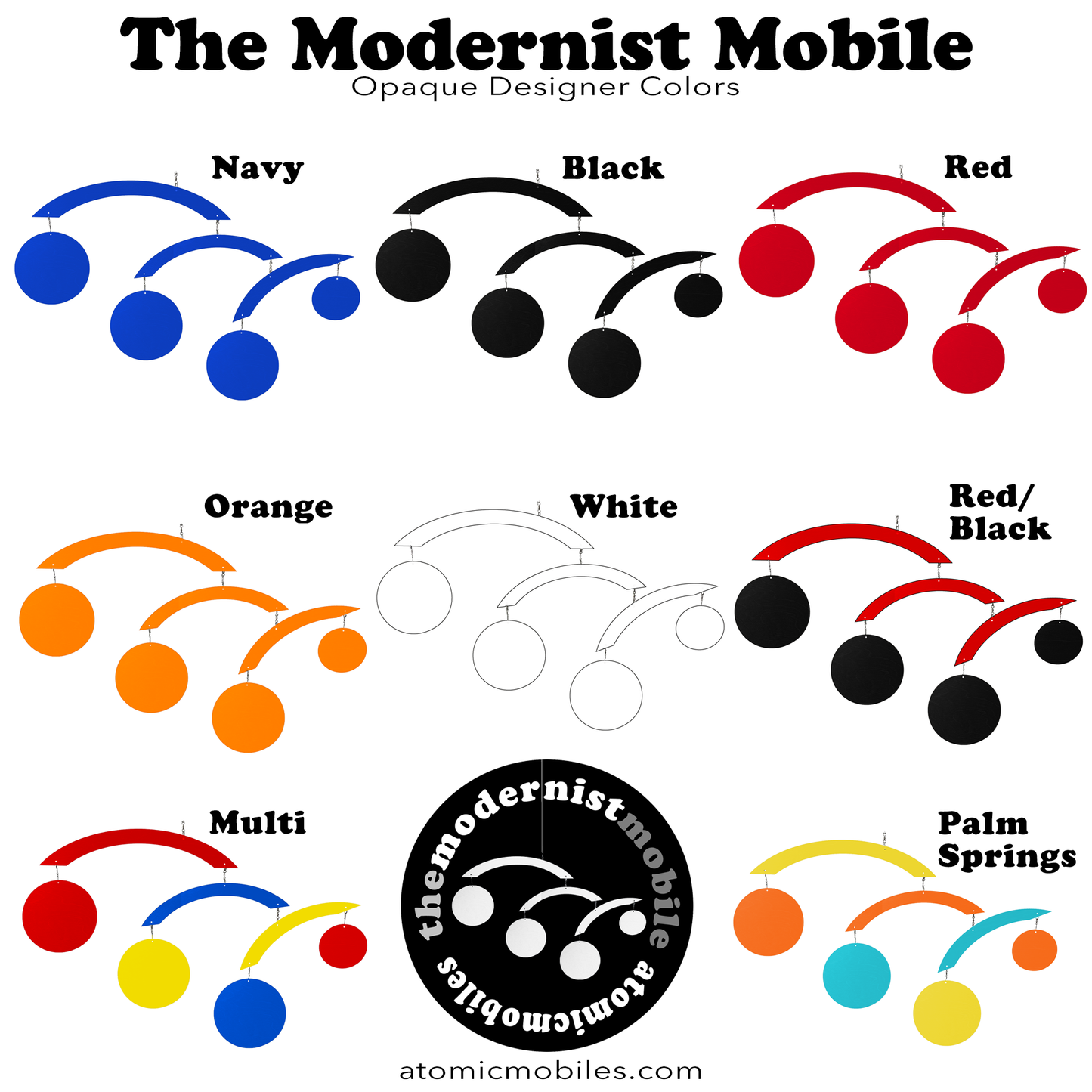 Color swatches for 'The Modernist Mobile' with labels for navy, black, red, orange, white, red/black, multi, and palm springs.