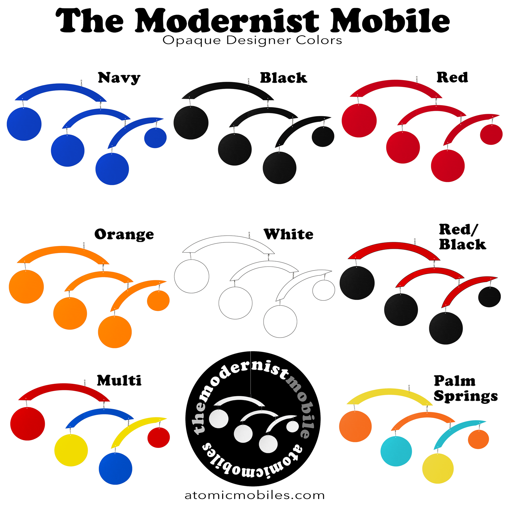 Color swatches for 'The Modernist Mobile' with labels for navy, black, red, orange, white, red/black, multi, and palm springs.