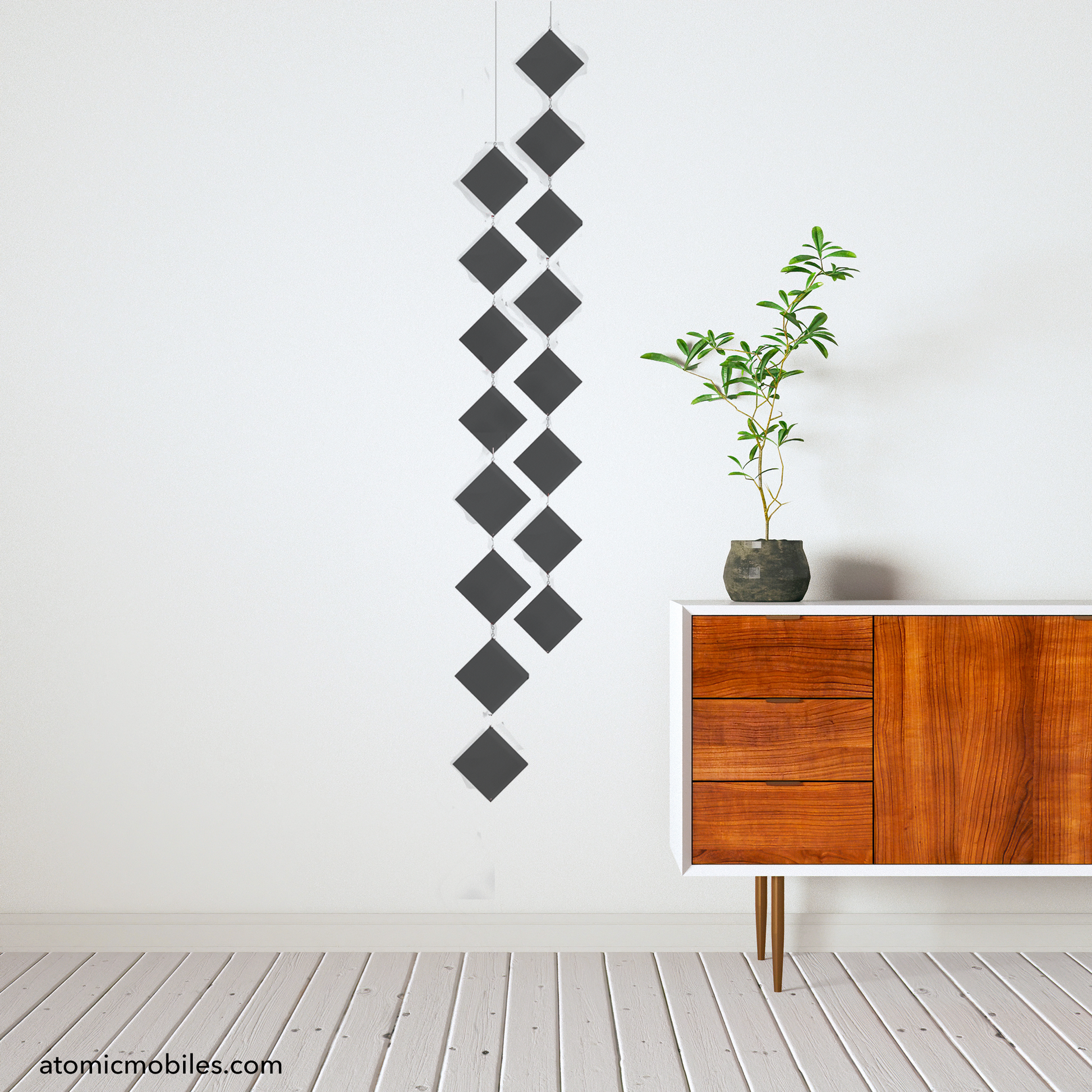 Beautiful Black MODCast Mini Diamond Hanging Art Mobile with wood credenza and plant - mobile by AtomicMobiles.com