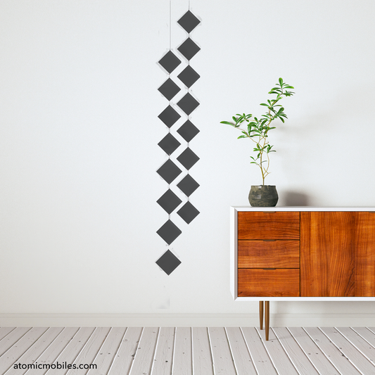 Beautiful Black MODCast Mini Diamond Hanging Art Mobile with wood credenza and plant - mobile by AtomicMobiles.com