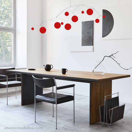 8 foot all red ELATION kinetic hanging art mobile sculpture in contemporary dining room with wood table and abstract art - XL Mobile by AtomicMobiles.com