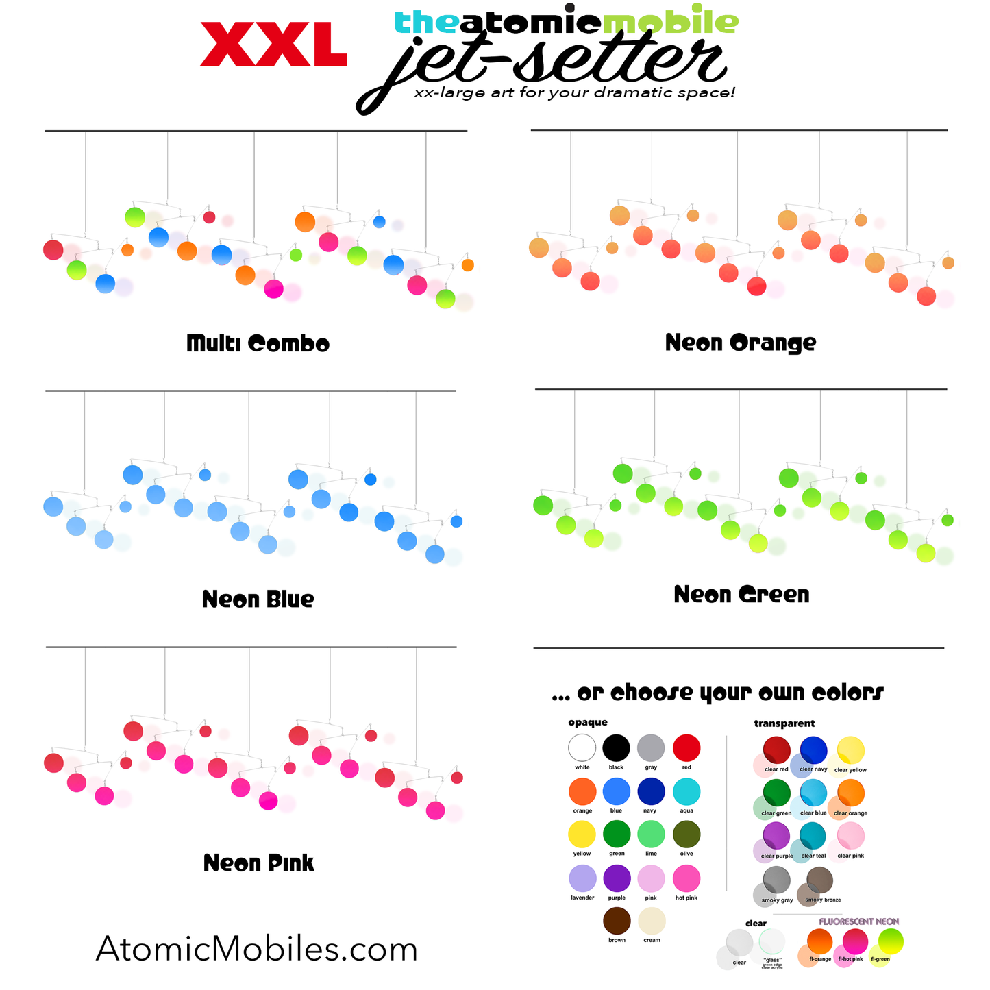 Color Chart for NEON FLUORESCENT XXL JetSetter kinetic hanging art mobile Kits by AtomicMobiles.com