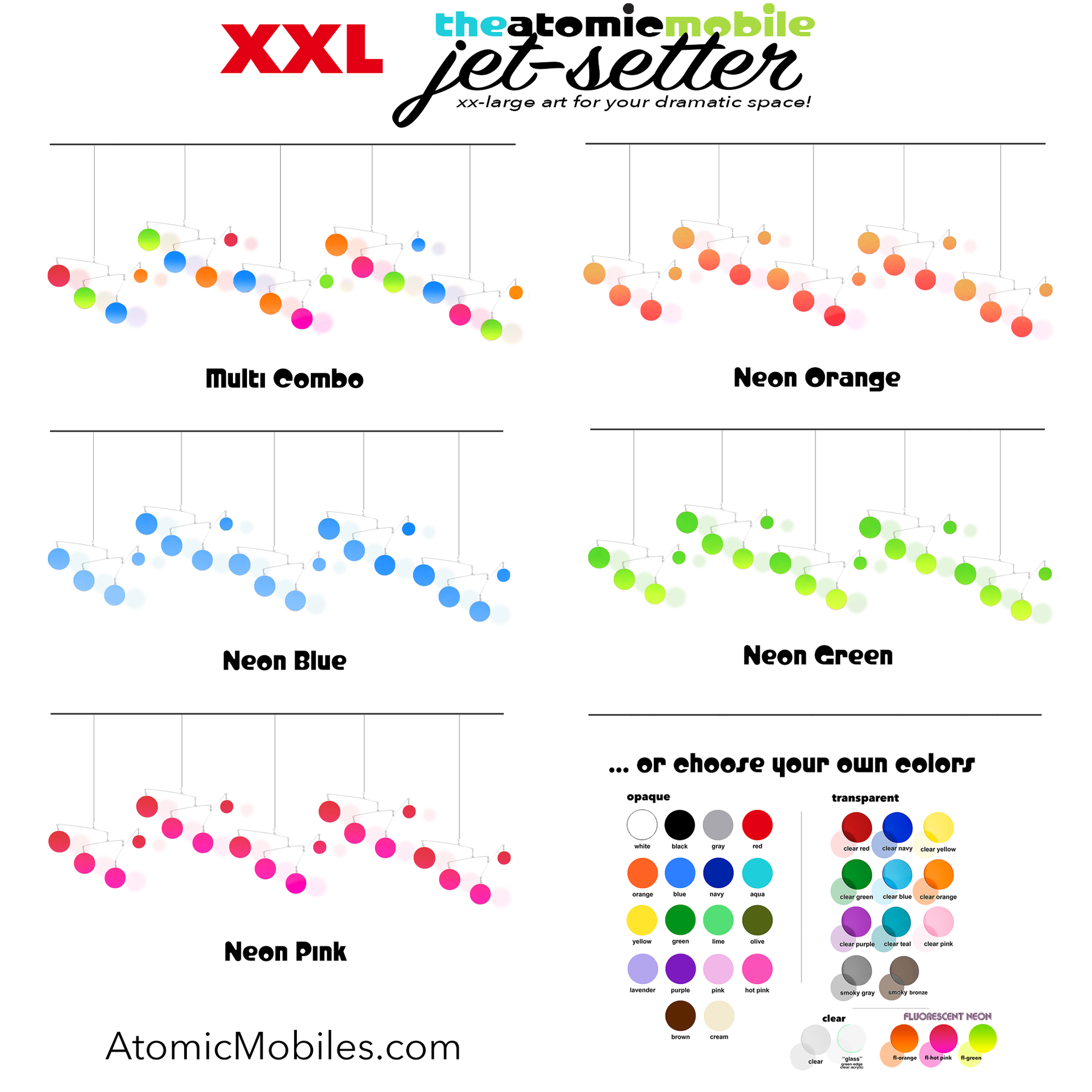 Color Chart for NEON FLUORESCENT XXL JetSetter kinetic hanging art mobile Kits by AtomicMobiles.com