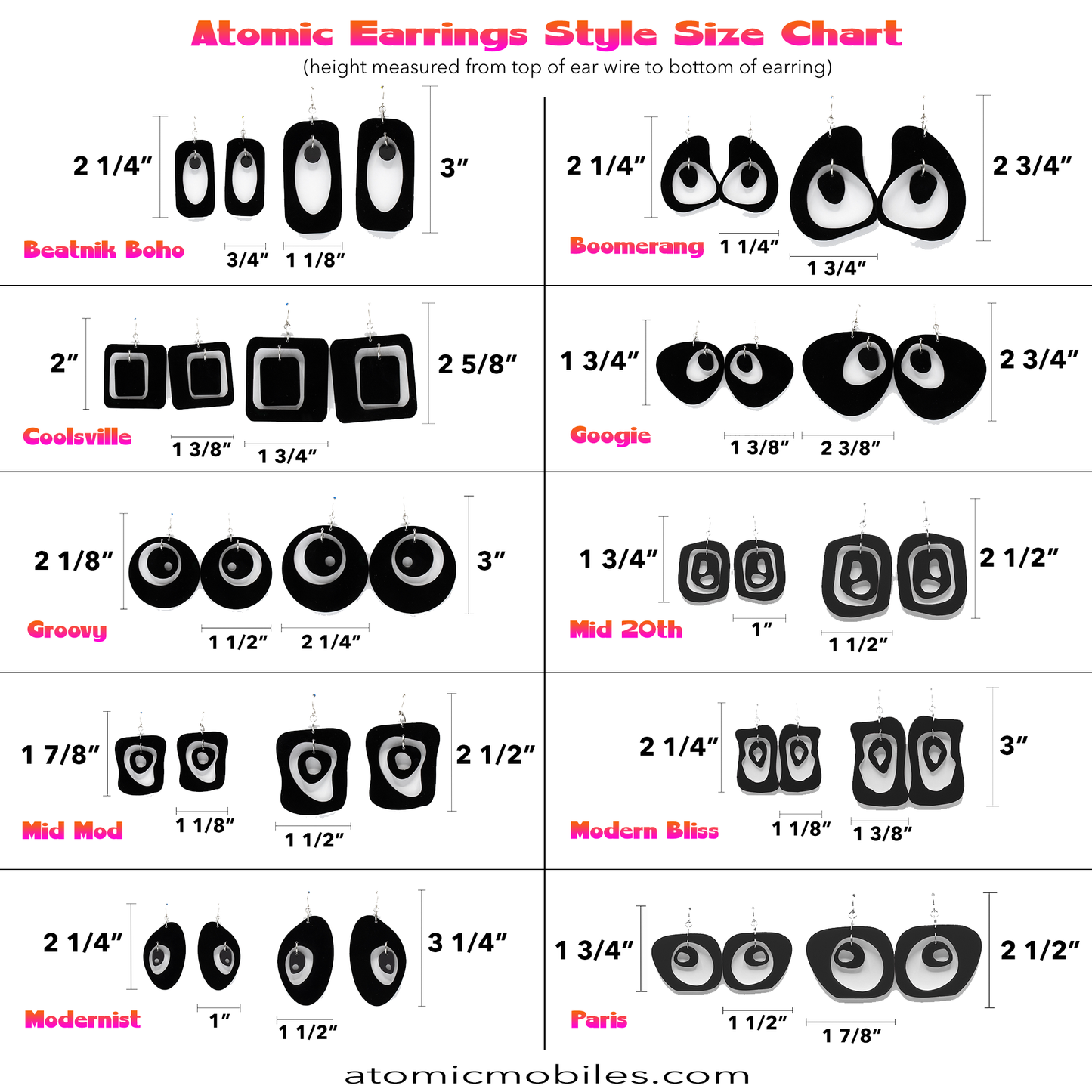 Atomic Earring Style Size Chart for 10 retro styles of statement earrings by AtomicMobiles.com