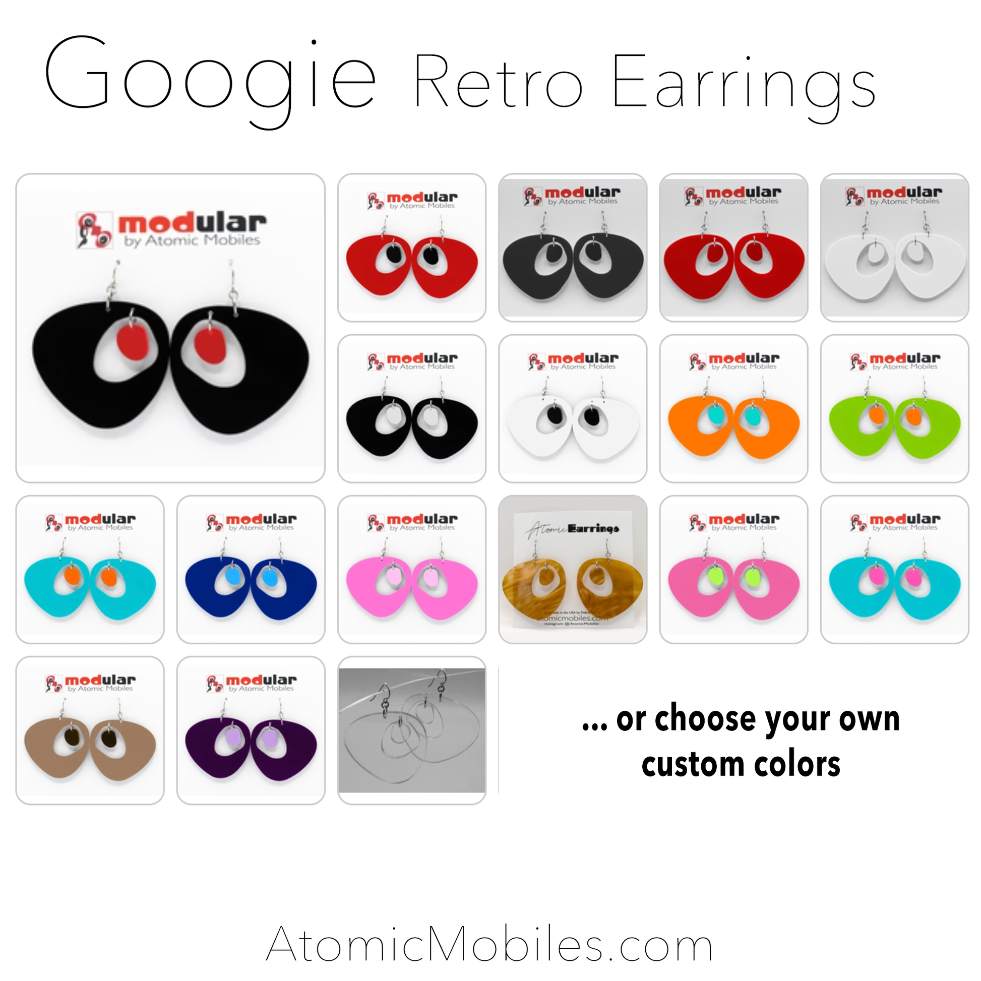 Color selections for GOOGIE retro earrings in a multitude of bright vivid colors by AtomicMobiles.com