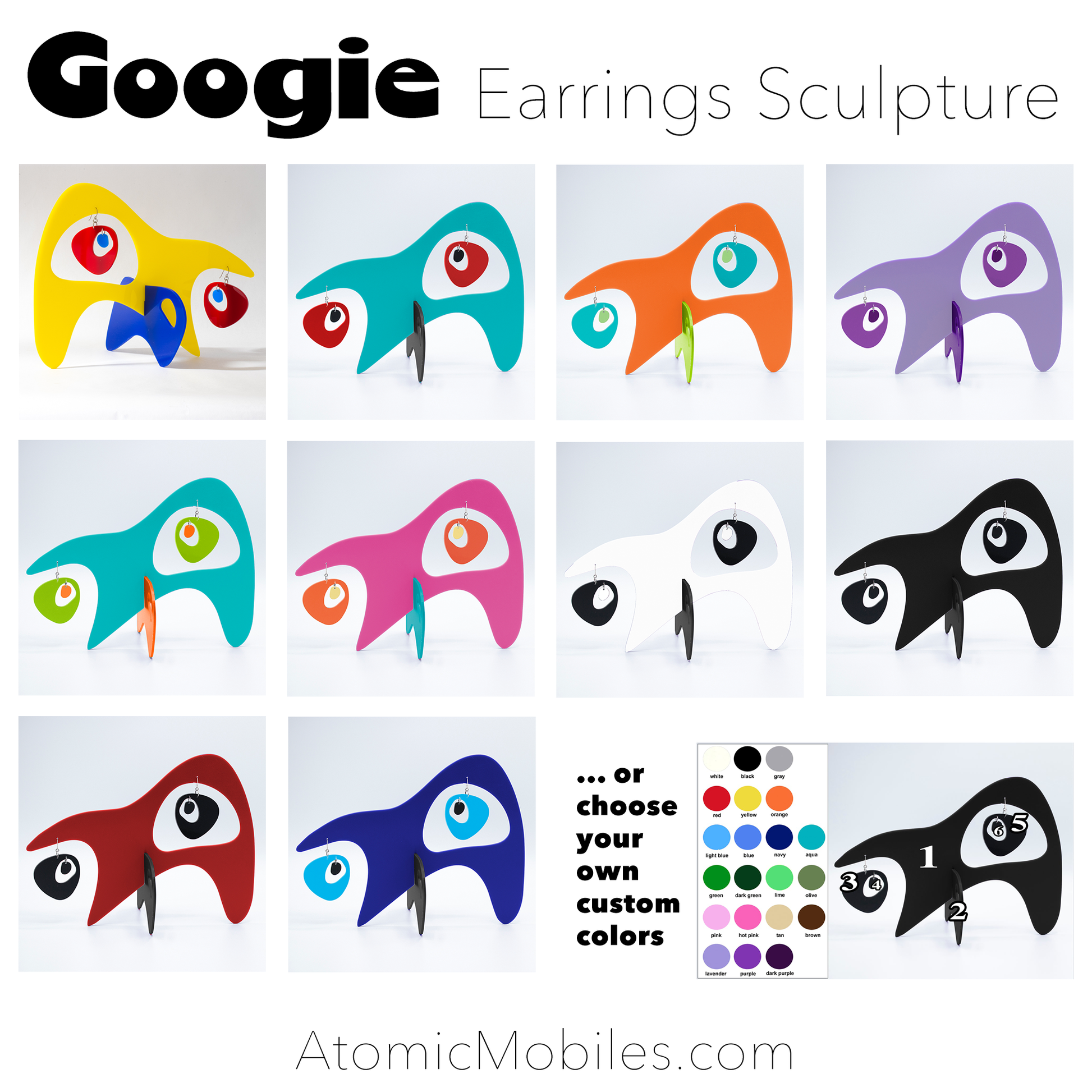 Designer Colors for GOOGIE Earrings Sculpture - wearable art and an art stabile stand for your earrings which become the kinetic part of the sculpture -- by AtomicMobiles.com