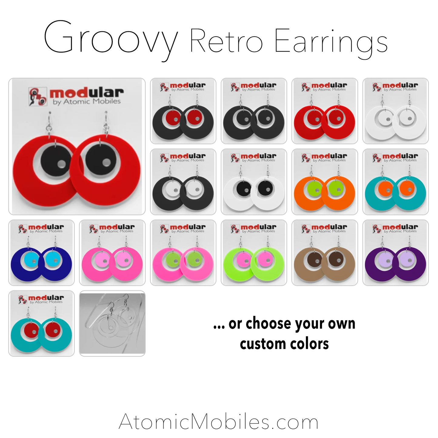 Groovy retro mid century modern style earrings in designer colors by AtomicMobiles.com