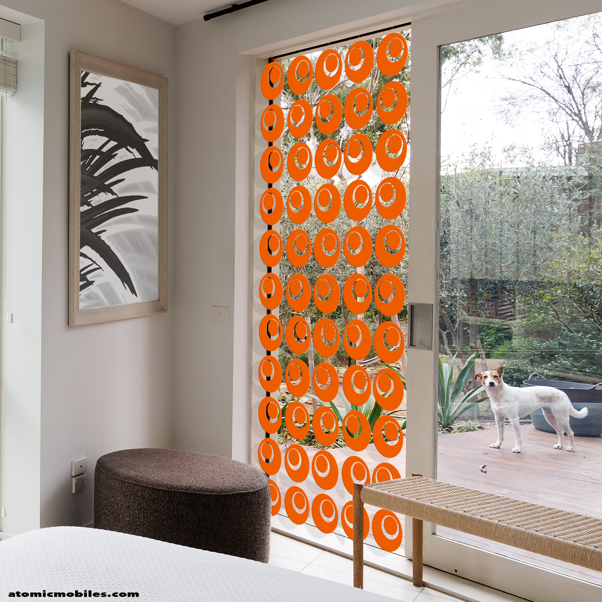 Retro mid century modern style orange GROOVY window curtain with cute dog looking into the room  - DIY Kits to make curtains, room dividers, and hanging art. mobiles by AtomicMobiles.com