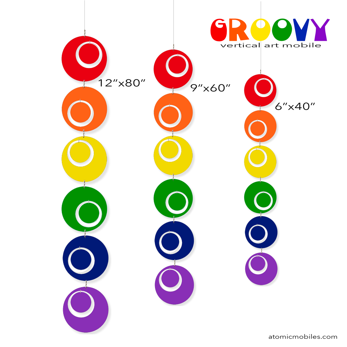 Size Chart for GROOVY LGBTQ+ Rainbow Pride Vertical Mobile in 3 sizes by AtomicMobiles.com