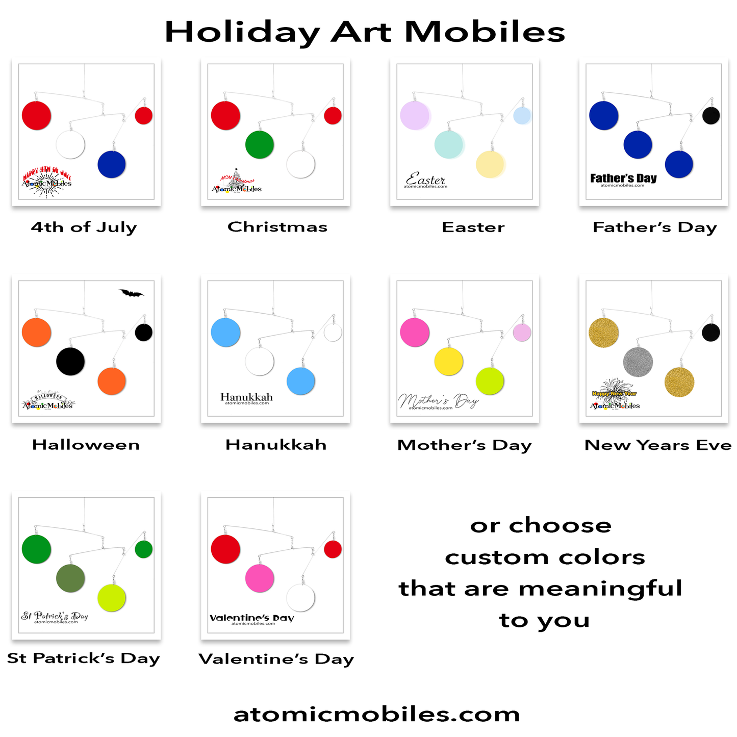 10 Holiday Art Mobiles for your festive decor: 4th of July, Christmas, Easter, Father's Day, Halloween, Hanukkah, Mother's Day, New Year's Eve, St Patrick's Day and Valentine's Day by AtomicMobiles.com