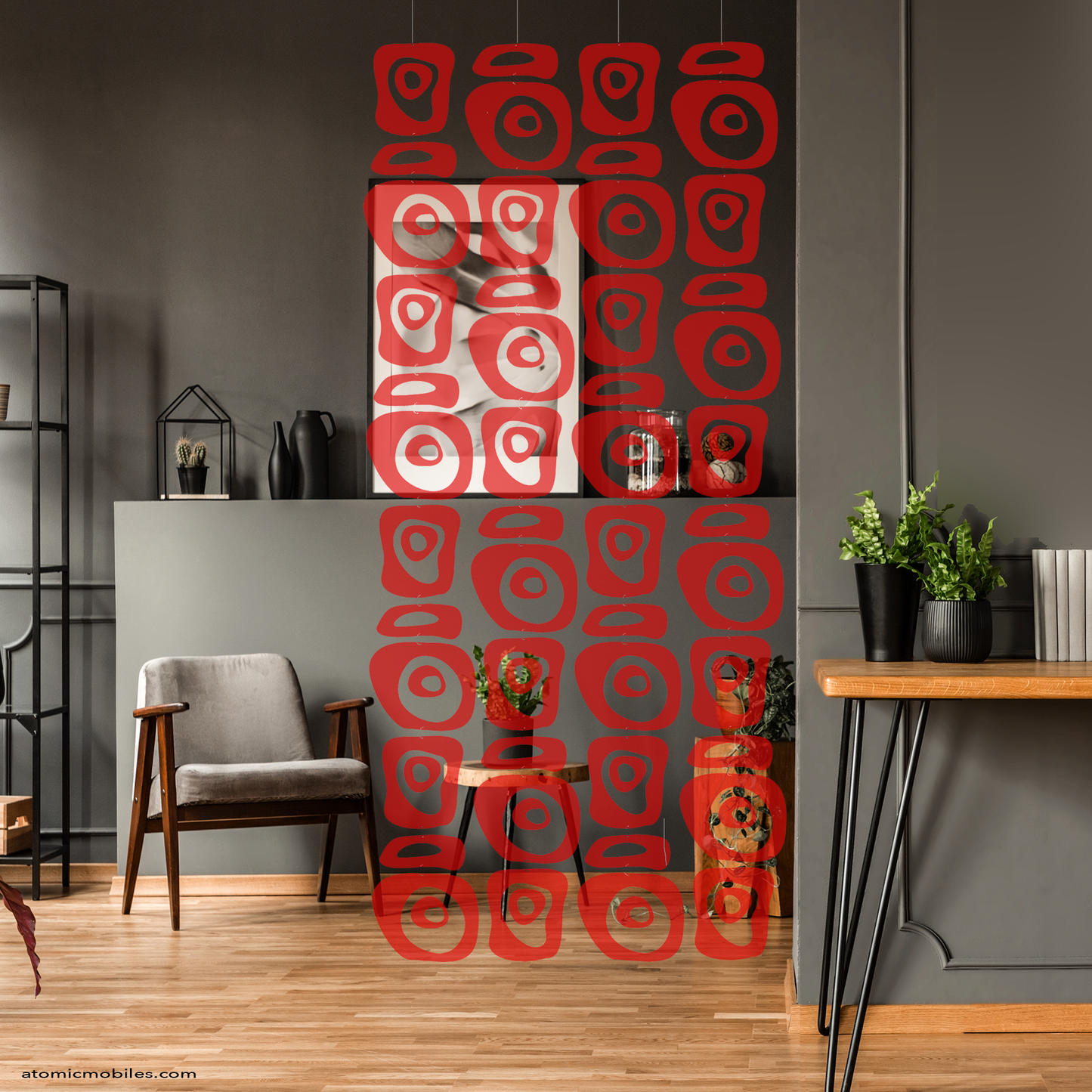 Transparent Red acrylic plexiglass Retro-A-GoGo room divider in dark home office with modern furniture and wood floor - retro room dividers by AtomicMobiles.com