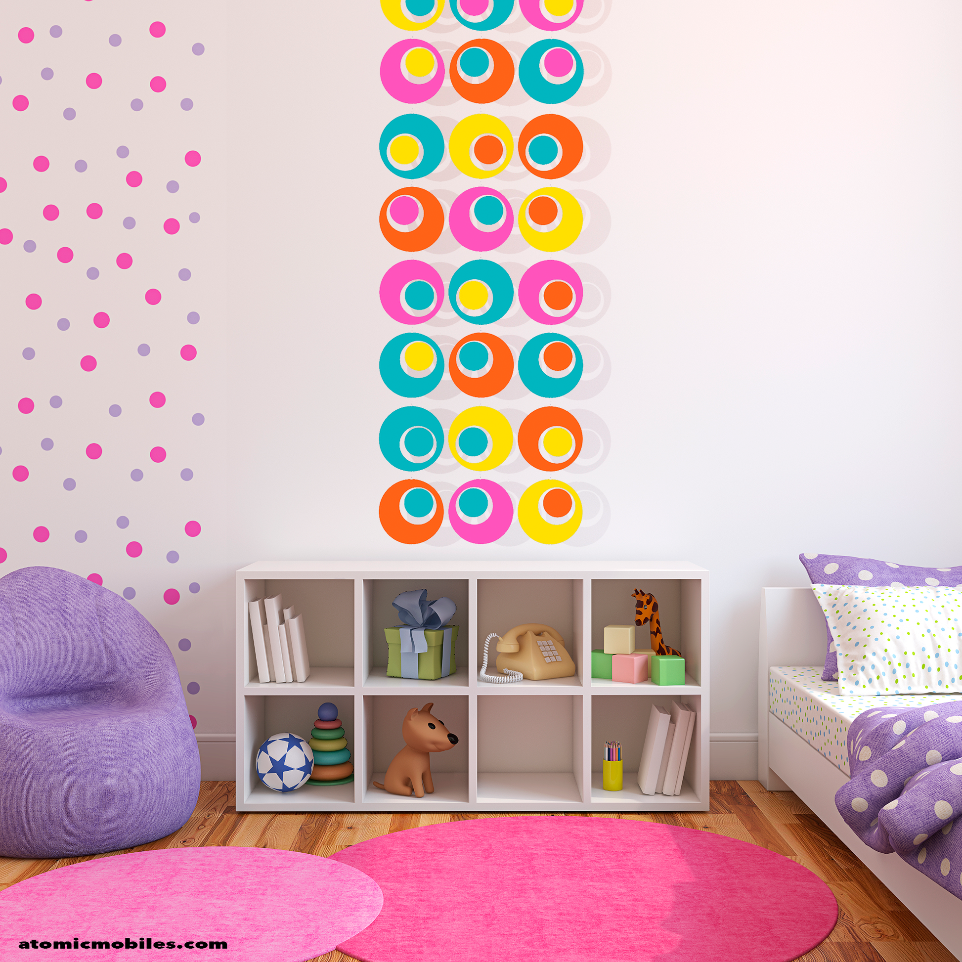 Delightful kid's room with Groovy colorful wall art in orange, hot pink, lime green, and aqua blue, with bed, hot pink rugs and polka dot theme - kinetic wall art by AtomicMobiles.com