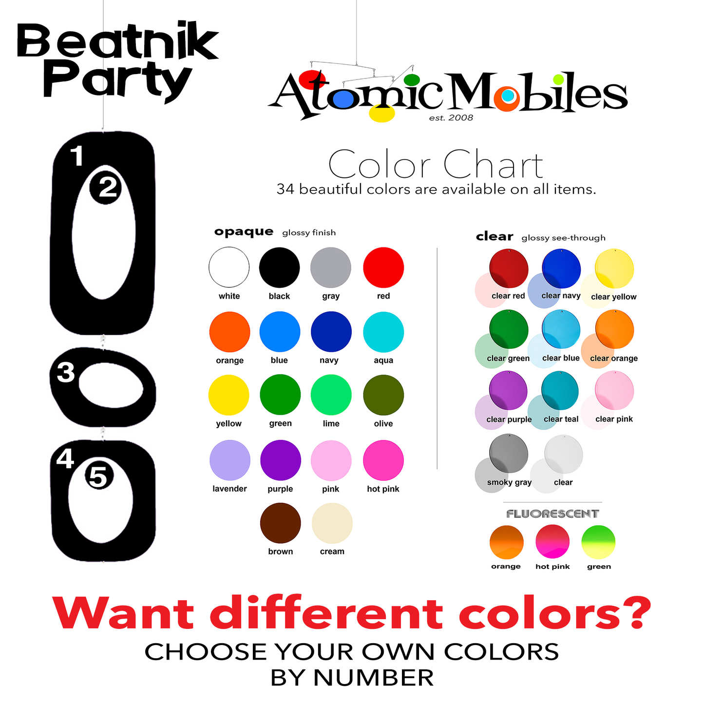 Color Chart for Beatnik Party DIY Kits for hanging art mobiles, room dividers, curtains, and wall art in 34 acrylic plexiglass colors by AtomicMobiles.com