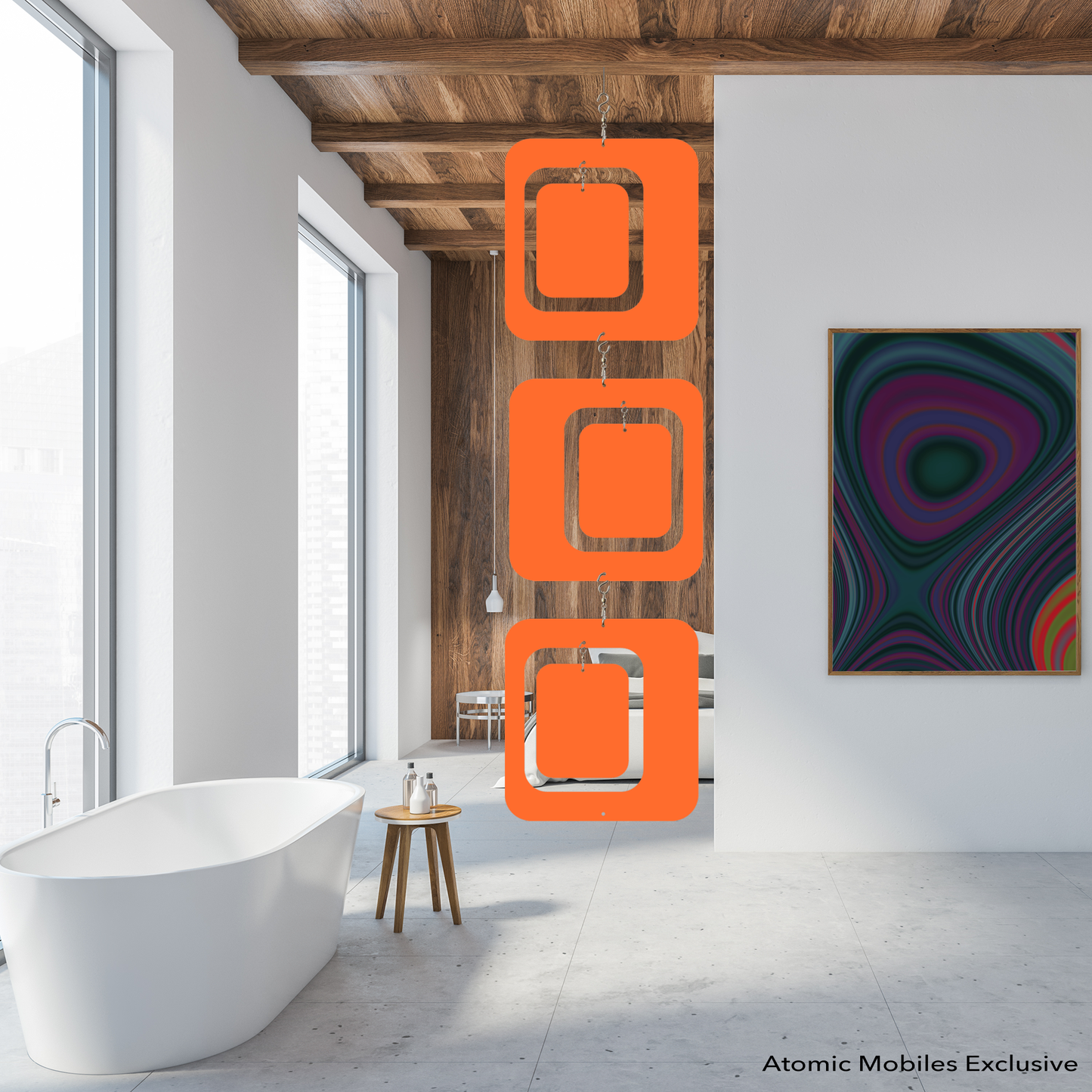 Orange XXL Coolsville Hanging Art Mobile in contemporary modern bathroom overlooking bedroom, with abstract framed art and white bath tub - mobile by AtomicMobiles.com