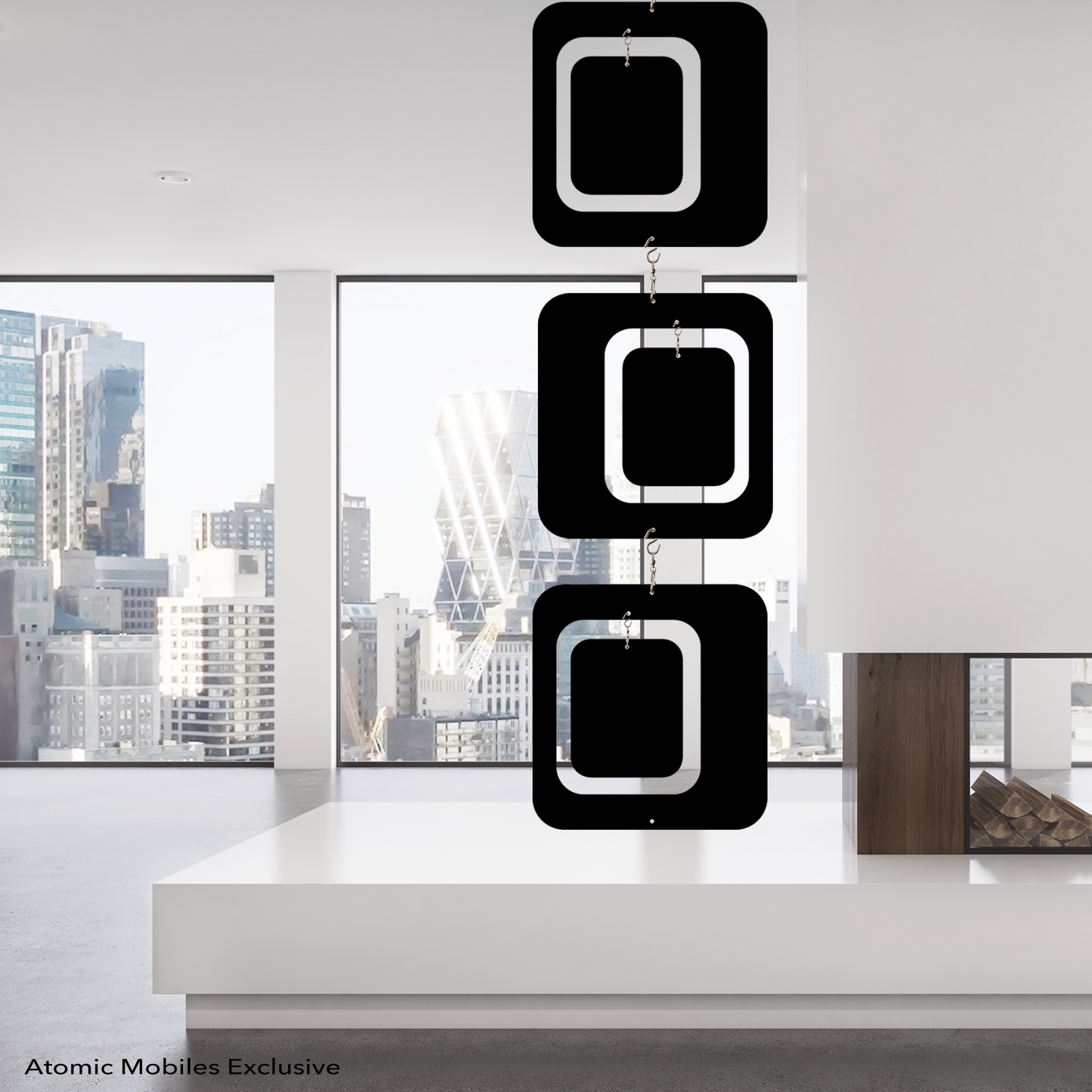 Skyscraper apartment with city view featuring XXL Coolsville Hanging Art Mobile in Black by AtomicMobiles.com next to open fireplace in white room