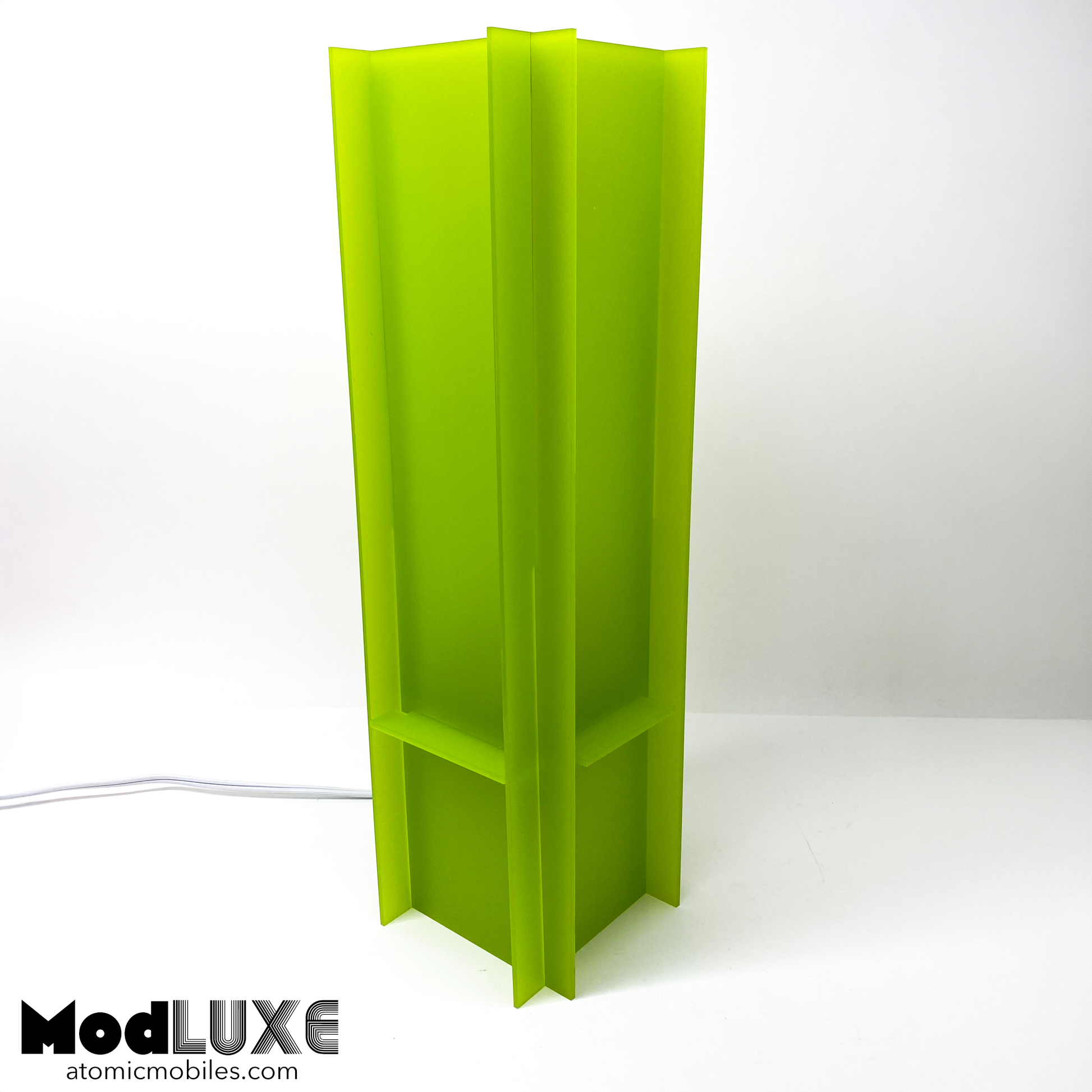Stunning frosty matte lime green modern table art lamp made from acrylic plastic by AtomicMobiles.com