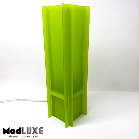 Stunning frosty matte lime green modern table art lamp made from acrylic plastic by AtomicMobiles.com
