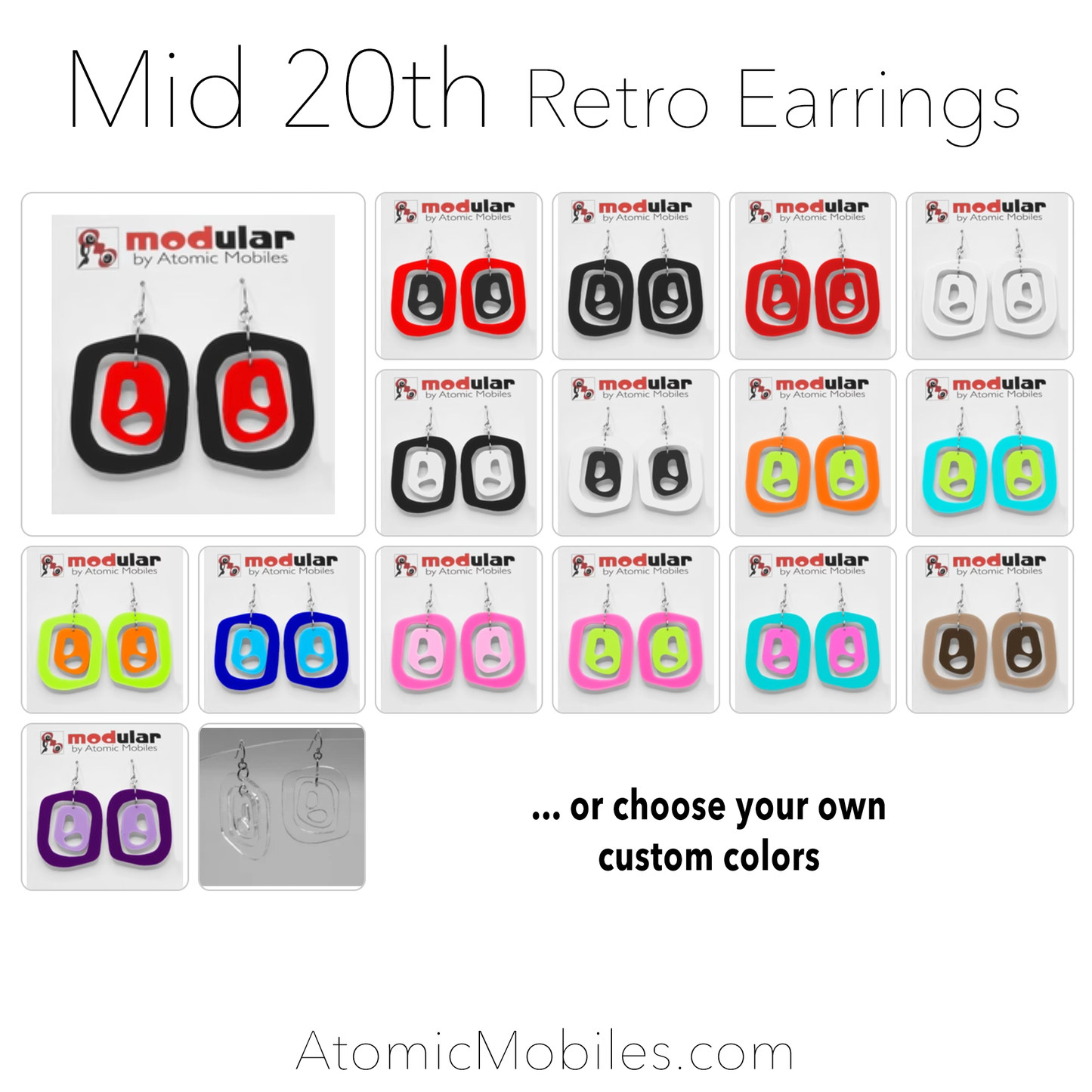 Mid 20th retro mid century modern earrings color choices by AtomicMobiles.com