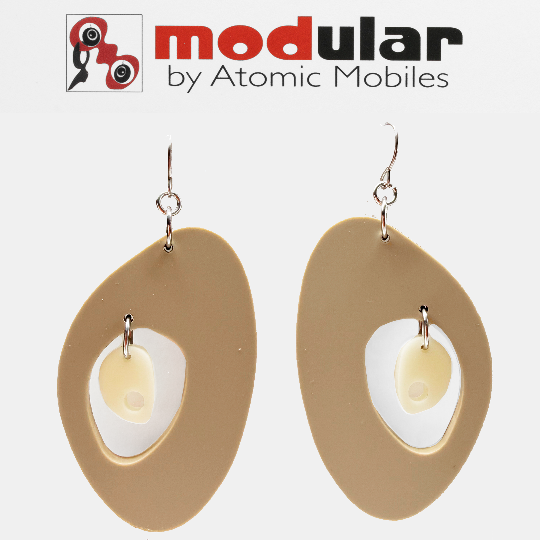 MODular Earrings - The Modernist Statement Earrings in Tan Beige and Cream by AtomicMobiles.com - retro era inspired mod handmade jewelry