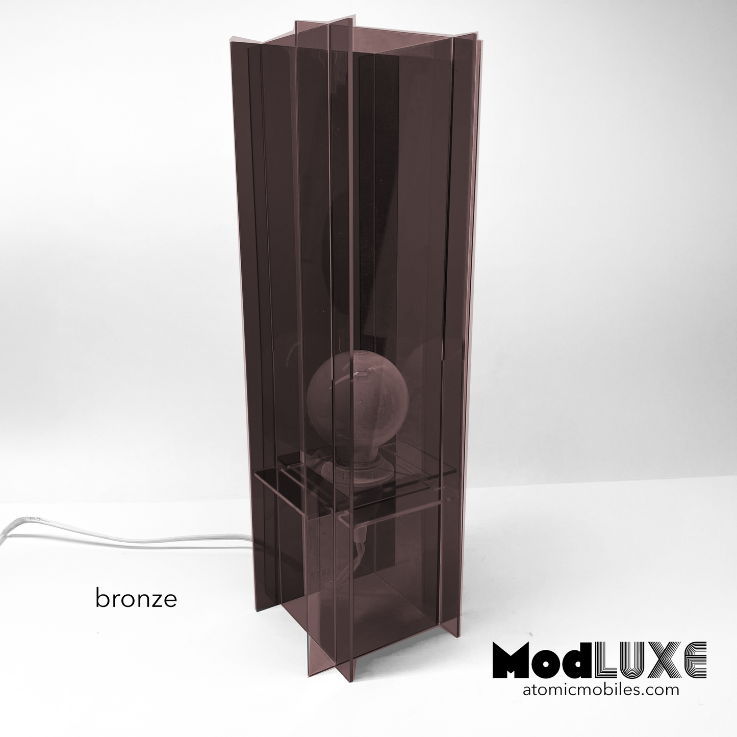 ModLuxe in mod 1970s transparent smoky bronze brown acrylic. Retro groovy space age table lamp for modern home decor made by AtomicMobiles.com