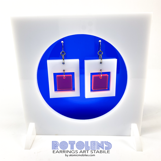 Stunning Art Earrings Stabile Set featuring transparent navy blue backing with white and neon pink earrings - mid century modern art for Groovy People by AtomicMobiles.com
