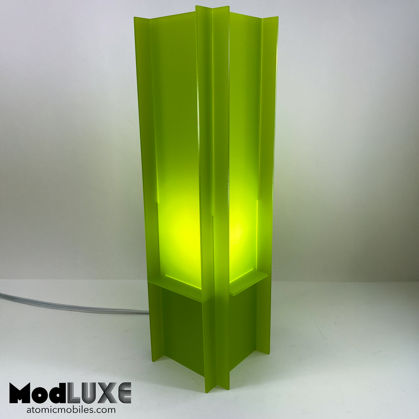 Light turn on - stunning frosty matte lime green modern table art lamp made from acrylic plastic by AtomicMobiles.com