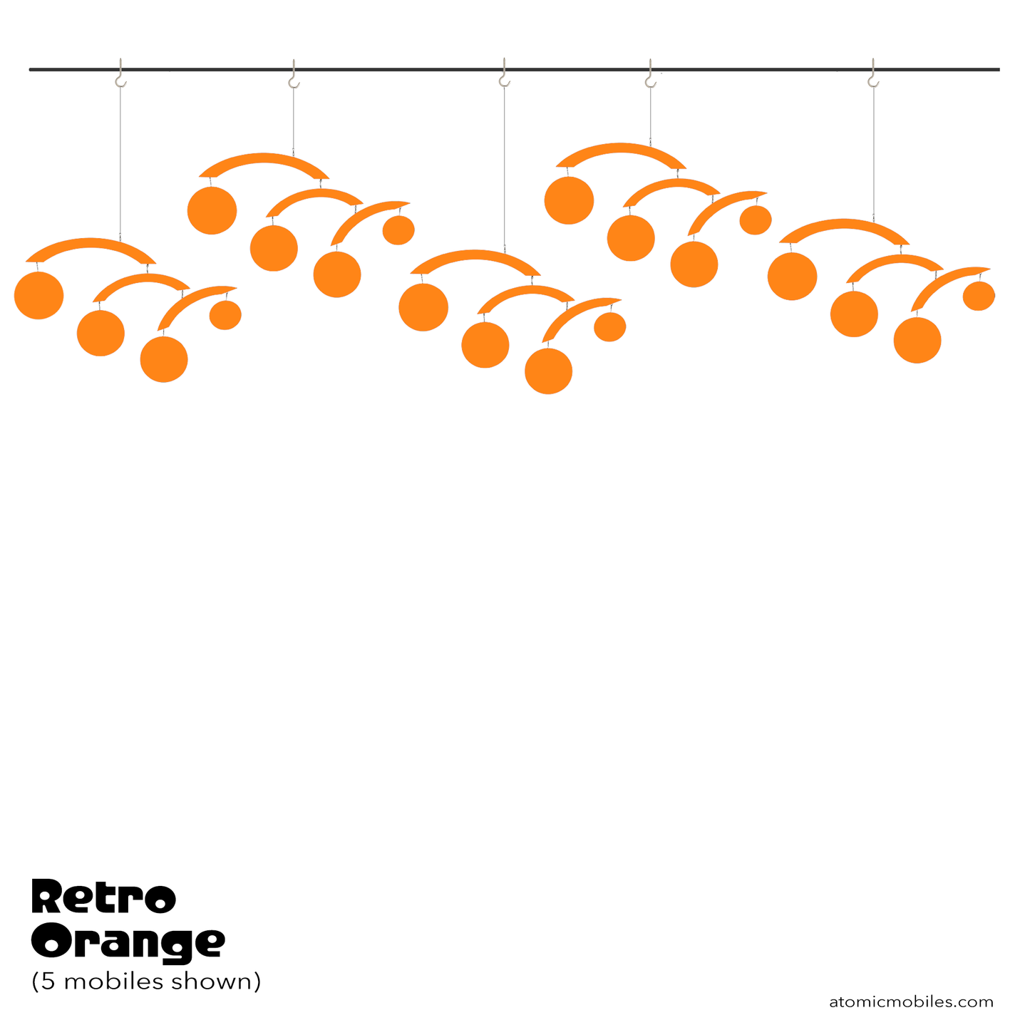 Orange kinetic art mobiles hanging from a rod on a white background with 'Retro Orange' text and 'atomicmobiles.com' branding.