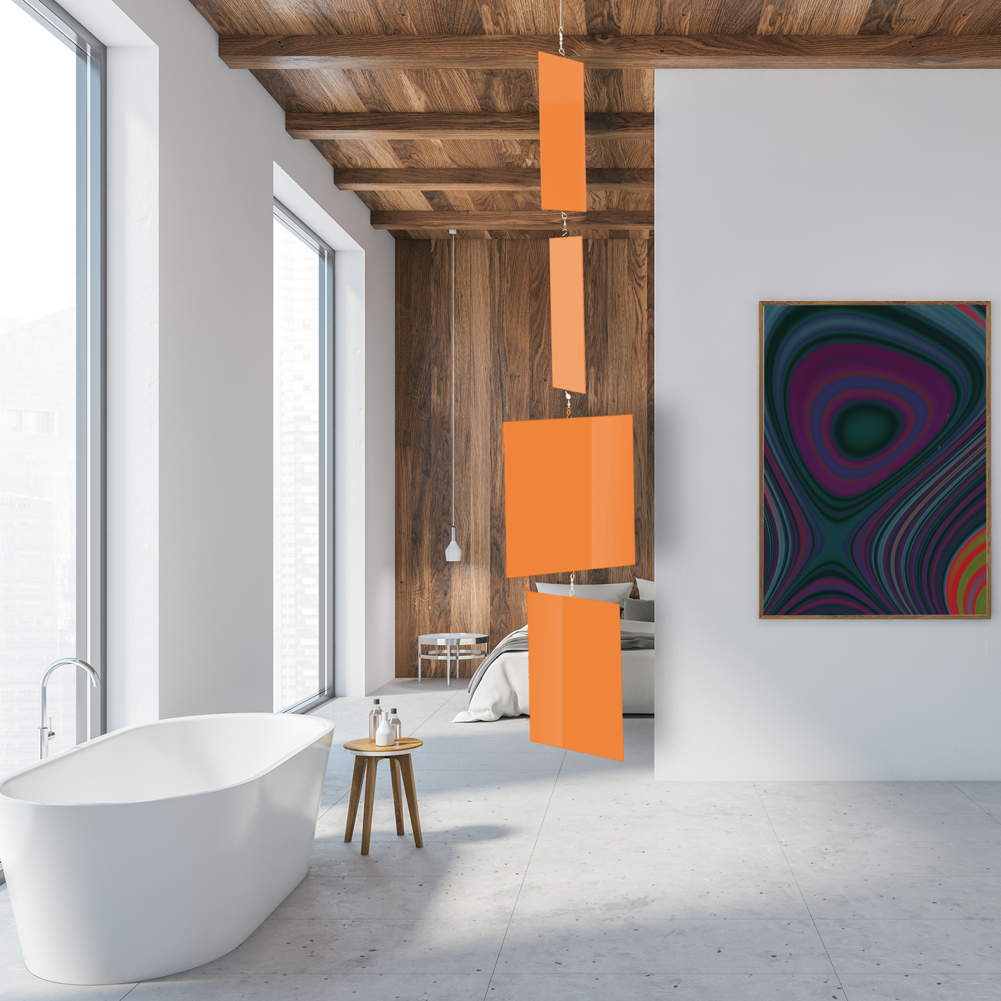 Unique opaque orange vertical hanging art mobile MODCAST in all retro orange in modern bathroom with abstract art on the wall and modern white bathtub -- mobile by AtomicMobiles.com