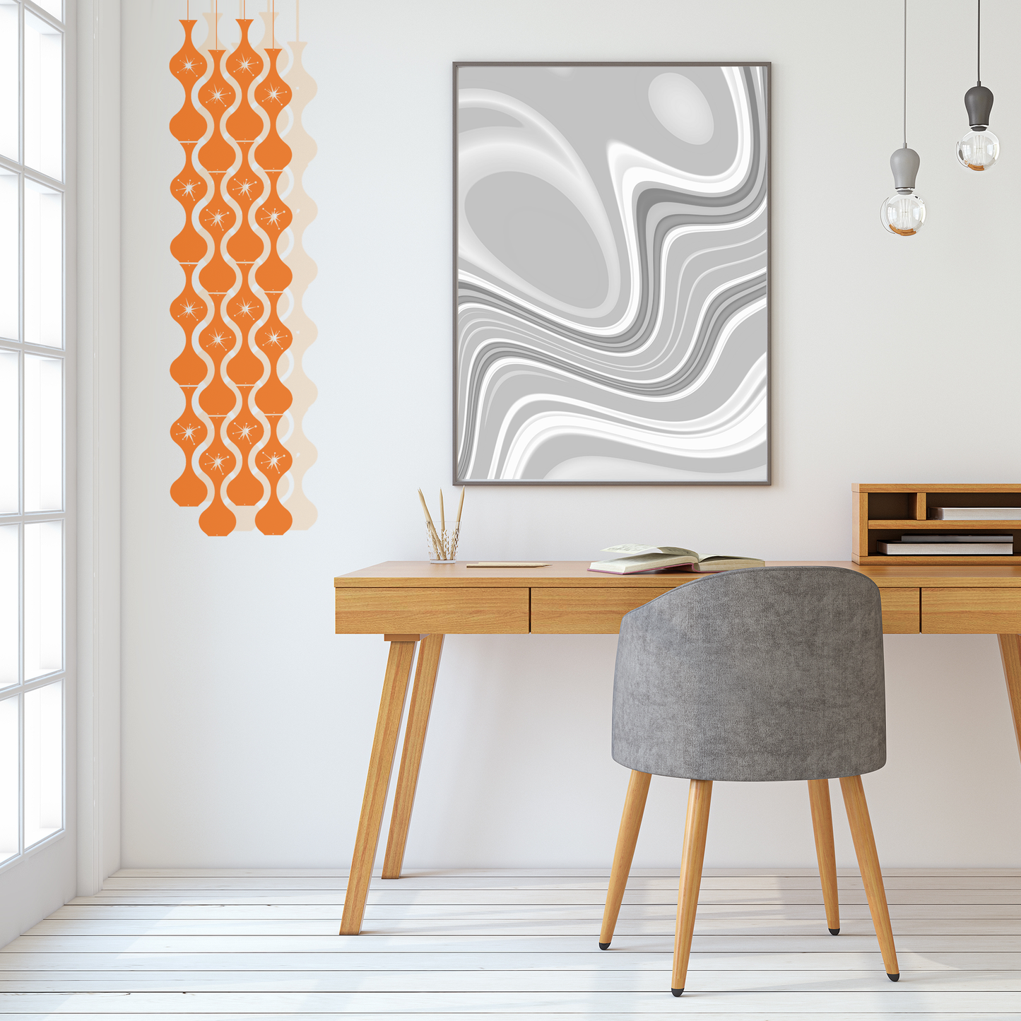 Beautiful Jeannie Stardust kinetic hanging art mobile in transparent Orange in contemporary home office with wood desk and abstract framed art - mid century modern style art mobiles by AtomicMobiles.com