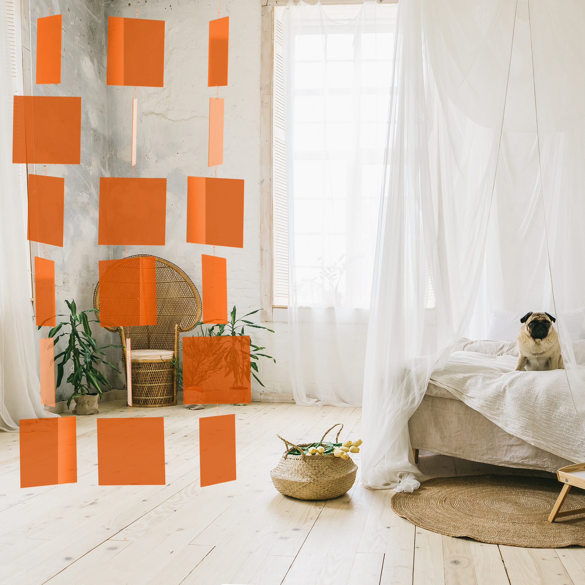 Retro Orange MODCAST hanging kinetic art mobile installation in bedroom with cute pug dog and peacock chair - mobile by AtomicMobiles.com