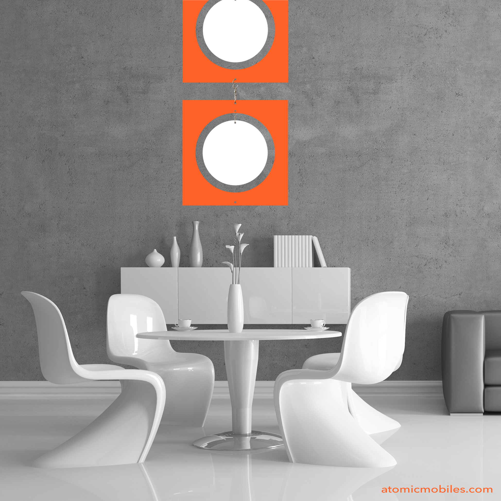 Opaque Orange and White XXL SEVENTIES AF hanging art mobile in elegant retro modern gray room with Panton chairs and white floor - mobile by AtomicMobiles.com