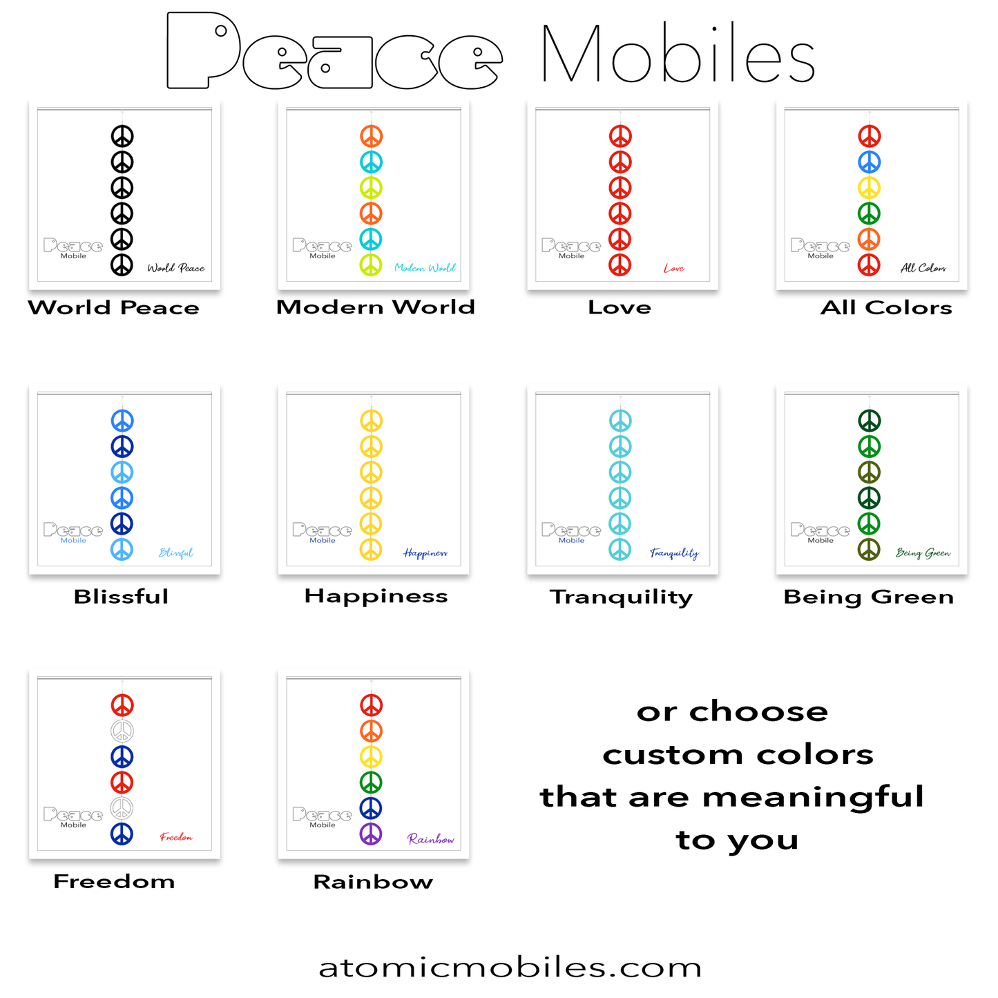 Meaningful color choices for your kinetic hanging art PEACE MOBILE by AtomicMobiles.com