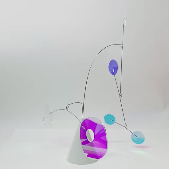 Video of lovely iridescent Art Stabile - The Strobile - kinetic modern art tabletop mobile sculpture by AtomicMobiles.com