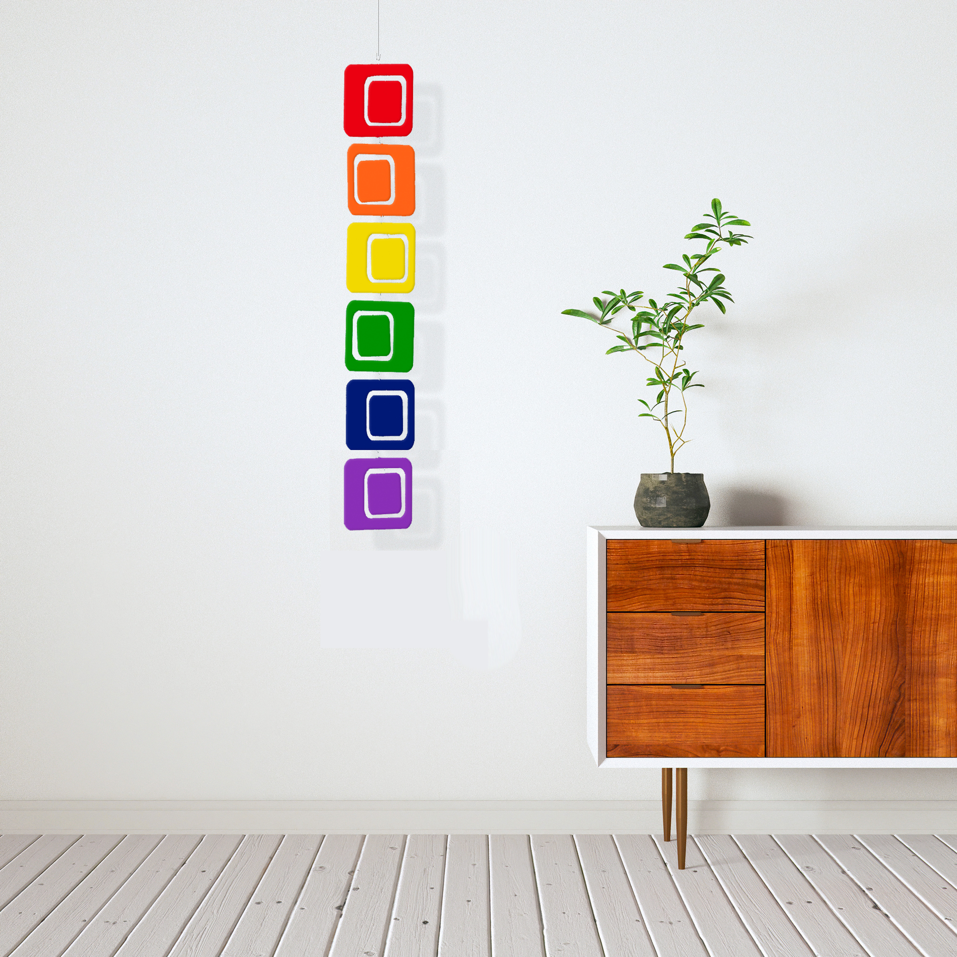 Rainbow PRIDE LGBTQ+ Coolsville Vertical Hanging Art Mobile with mid century modern credenza and plant by AtomicMobiles.com