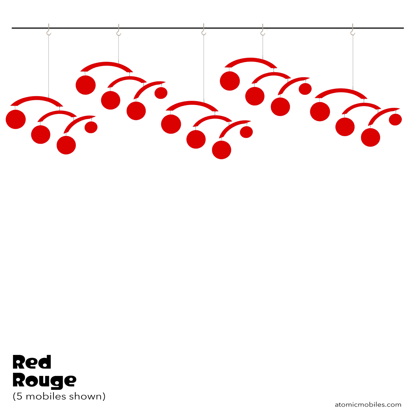 5 Red Rouge colored hanging kinetic art mobiles by AtomicMobiles.com