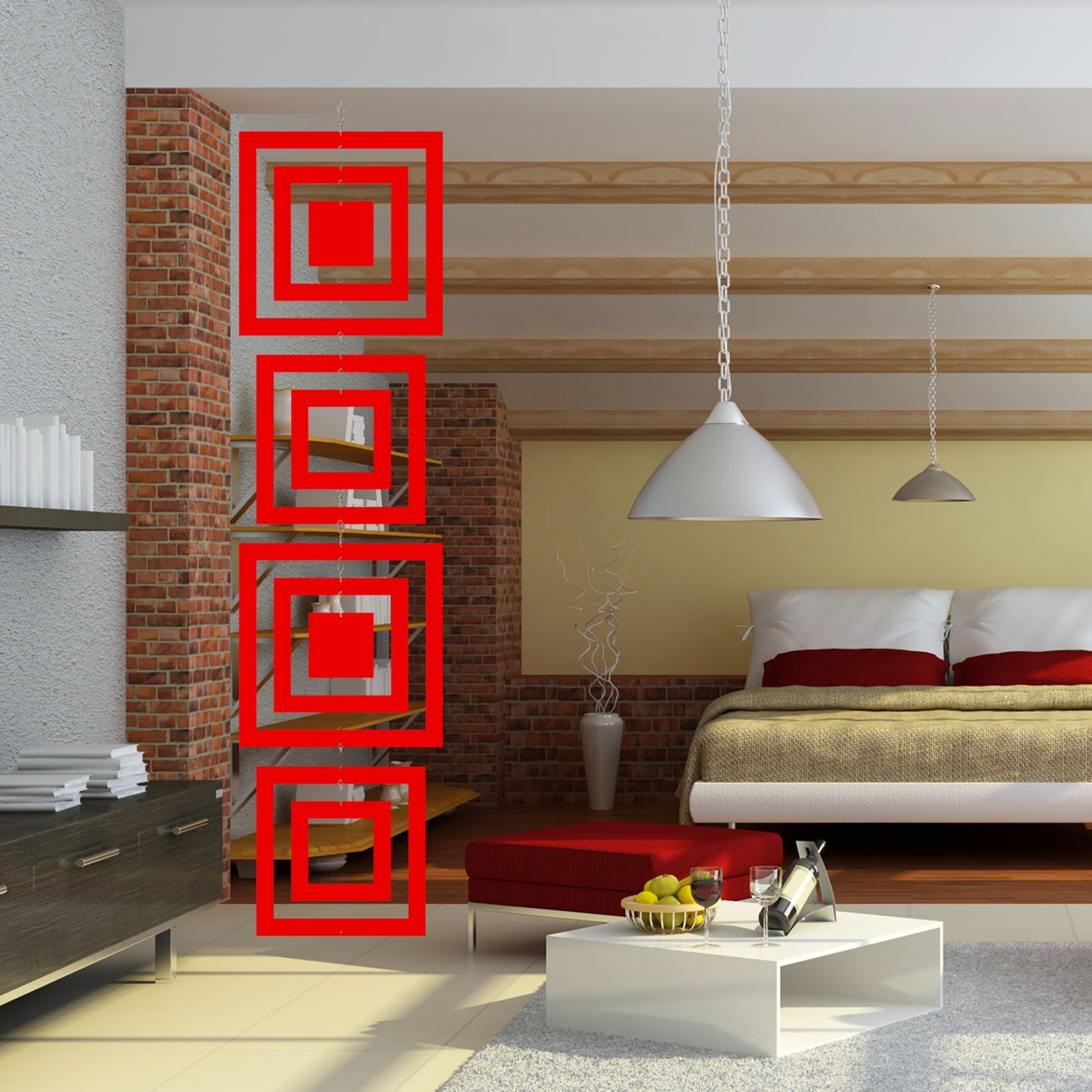 Red TRENDY AF XXL Vertical Hanging Art Mobile in modern bedroom - kinetic mobiles by AtomicMobiles.com
