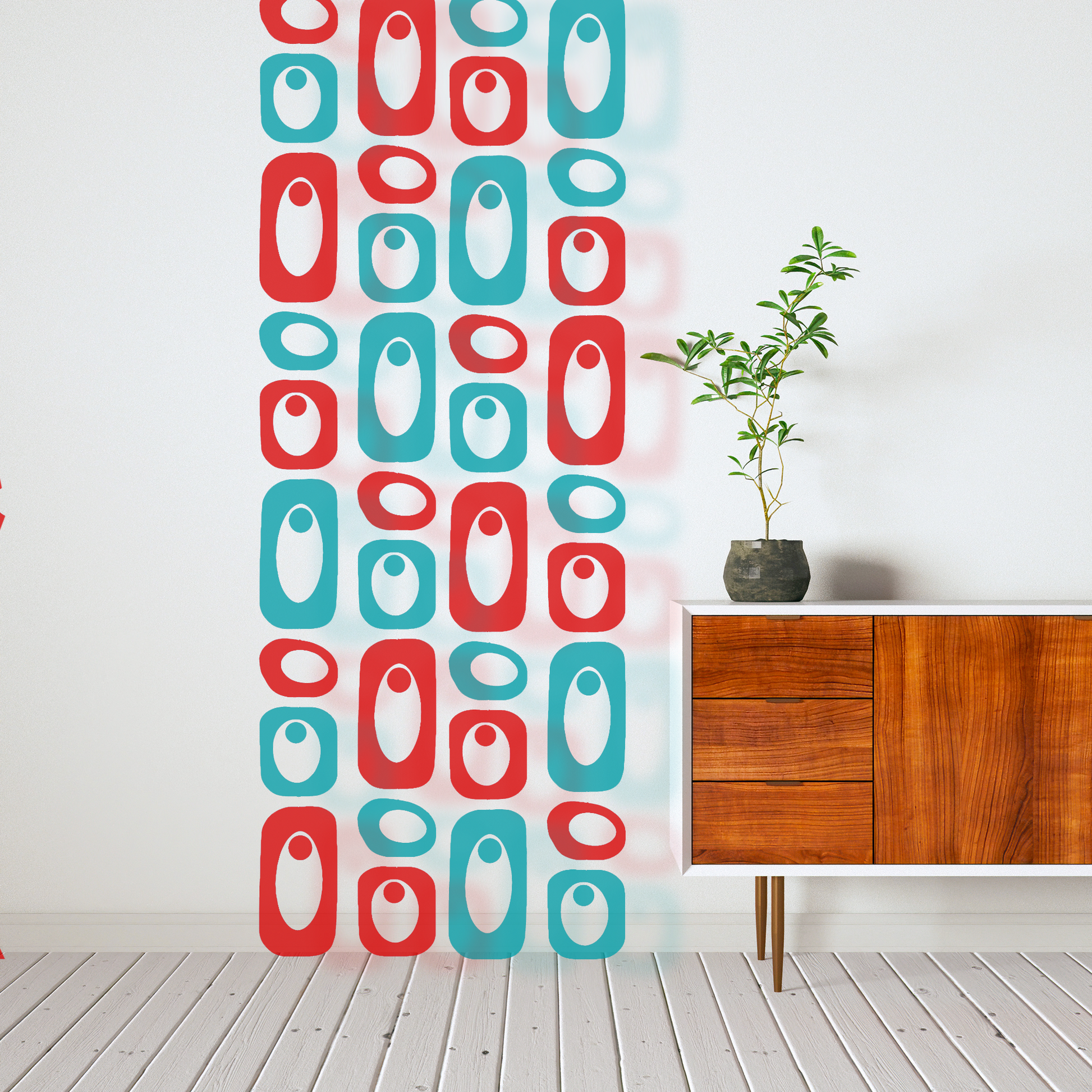 Beatnik Party DIY Retro Room Divider kit in transparent aqua and red plexiglass acrylic in mid century modern room with wood credenza and zen plant - room dividers by AtomicMobiles.com