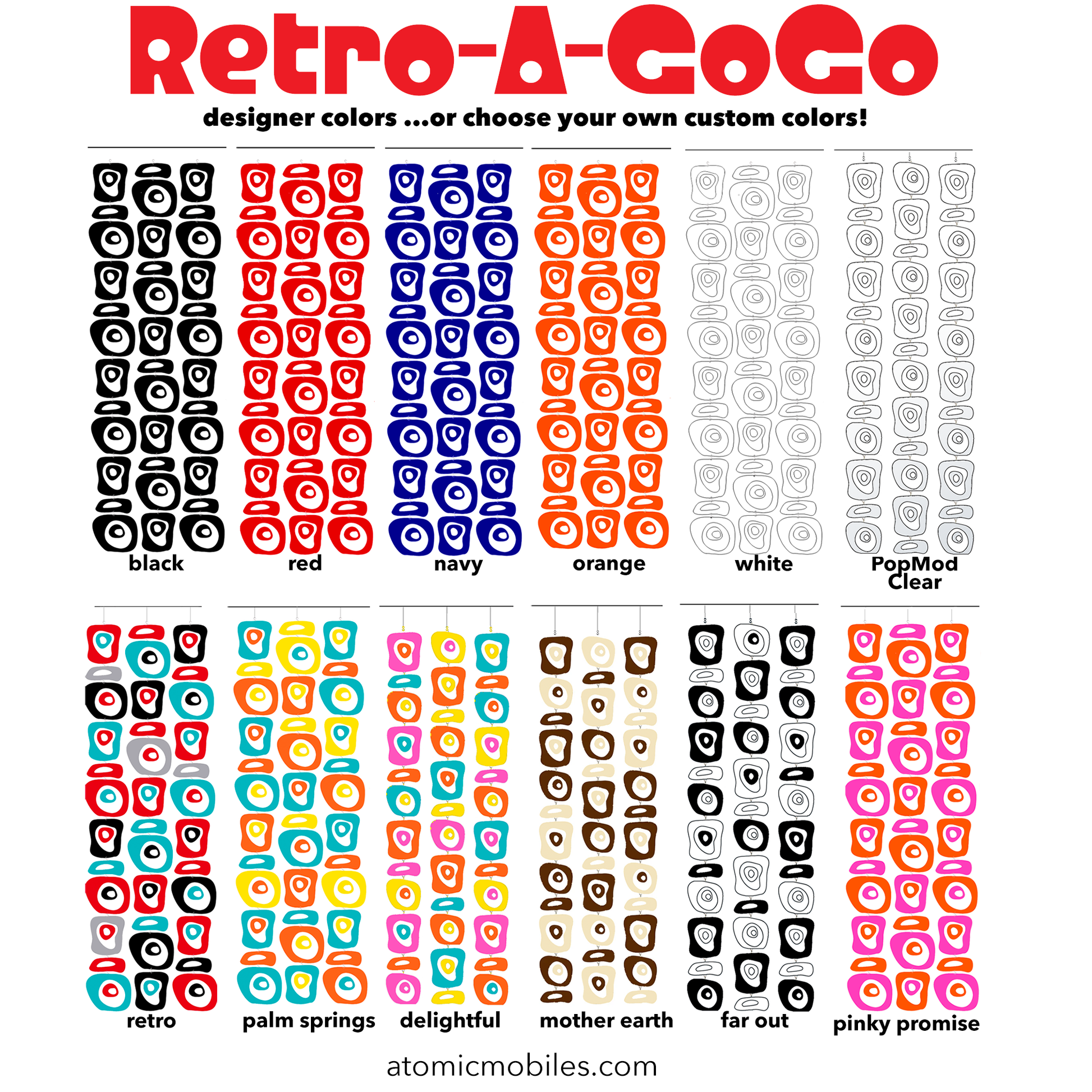 Designer Colors for Retro-A-GoGo mid century modern style room dividers, mobiles, and curtains in 12 colorways by AtomicMobiles.com