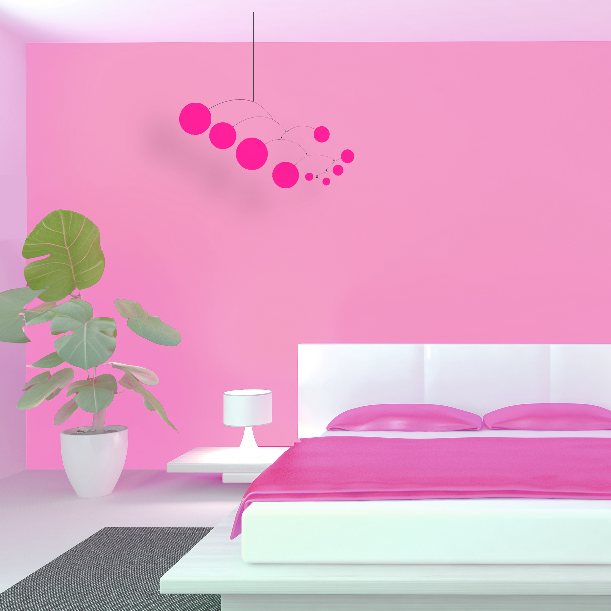 Pink bedroom with white bed, nightstand, lamp and plant, featuring Hot Pink hanging art mobile in MOD mid century modern style for your home decor by AtomicMobiles.com